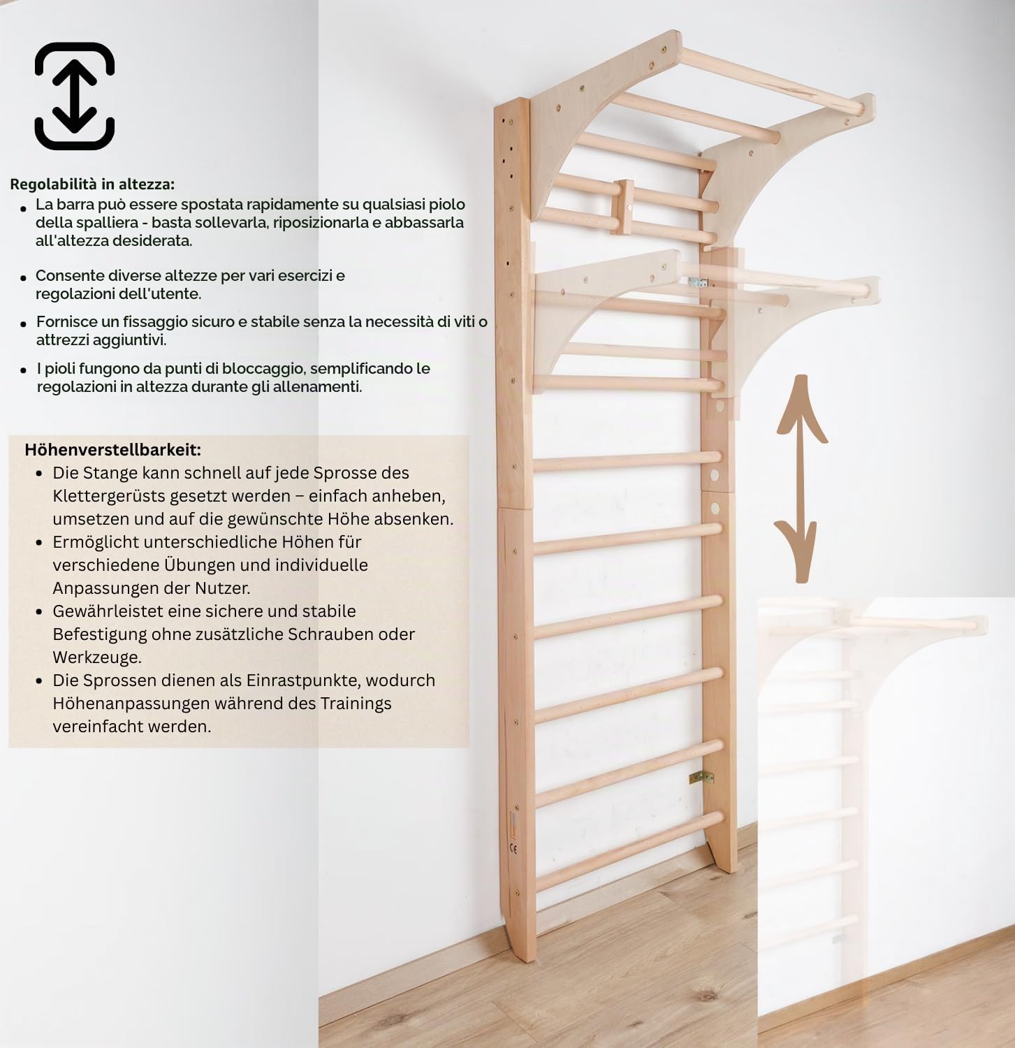 Scala Svedese in Legno con Barra Superiore Regolabile Kombi-1-240 Ginnastica, Sport, Gym, Barra a Muro da Casa