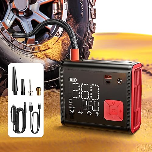 Miniatura 9 de Inflador de neumáticos, compresor de aire portátil, 4 en 1, 150 PSI, bomba automática eléctrica inalámbrica de 12 V CC con medidor de presión