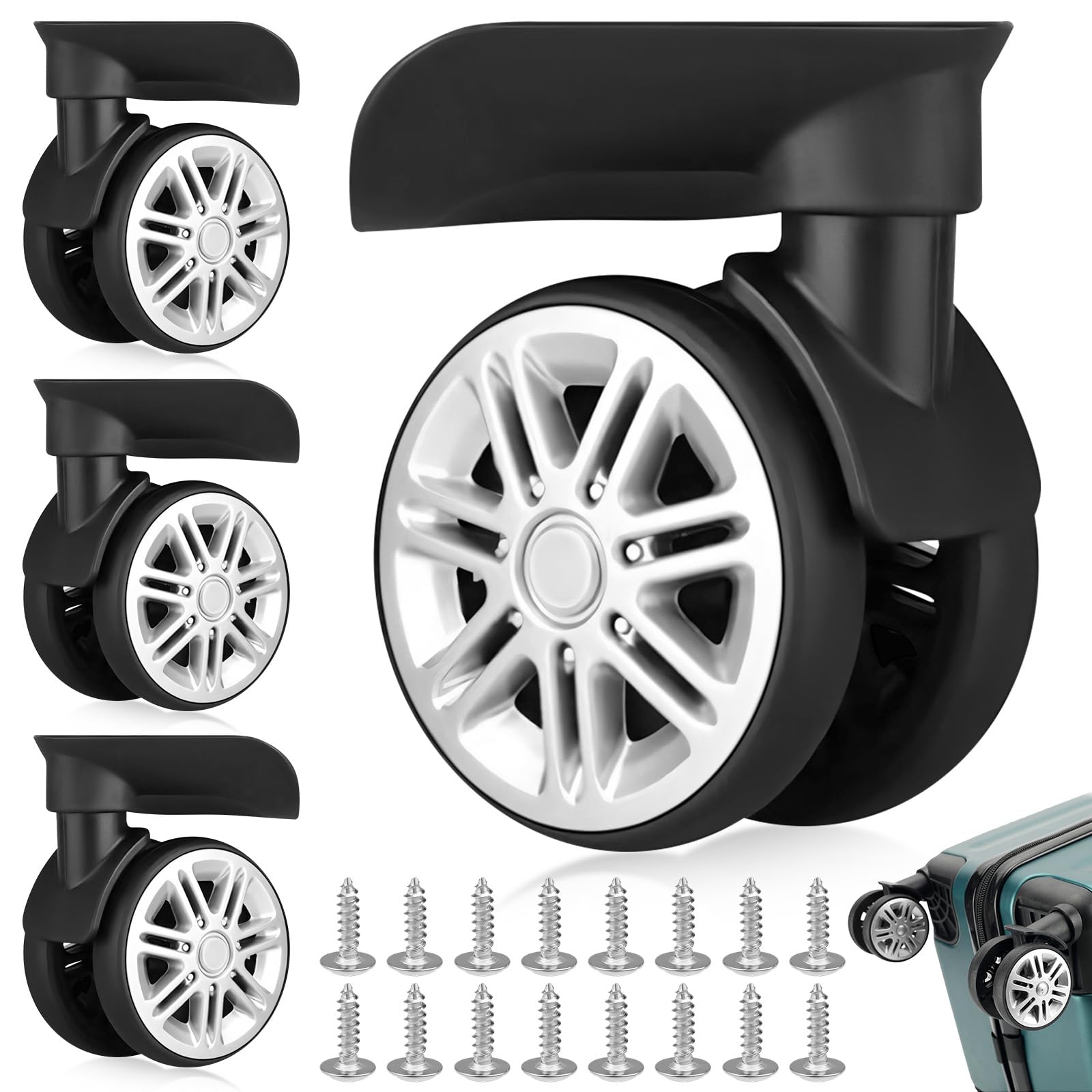 2 Paia Ruote Trolley Ricambio Rigide,Rotelle Scorta Valigie Universali,Ruota Valigia Girevoli Mute Doppia Fila,Rulli Bagagli Resistenti Rotazione 360°,Kit Sostituzione Riparazione per Custodia Viaggio