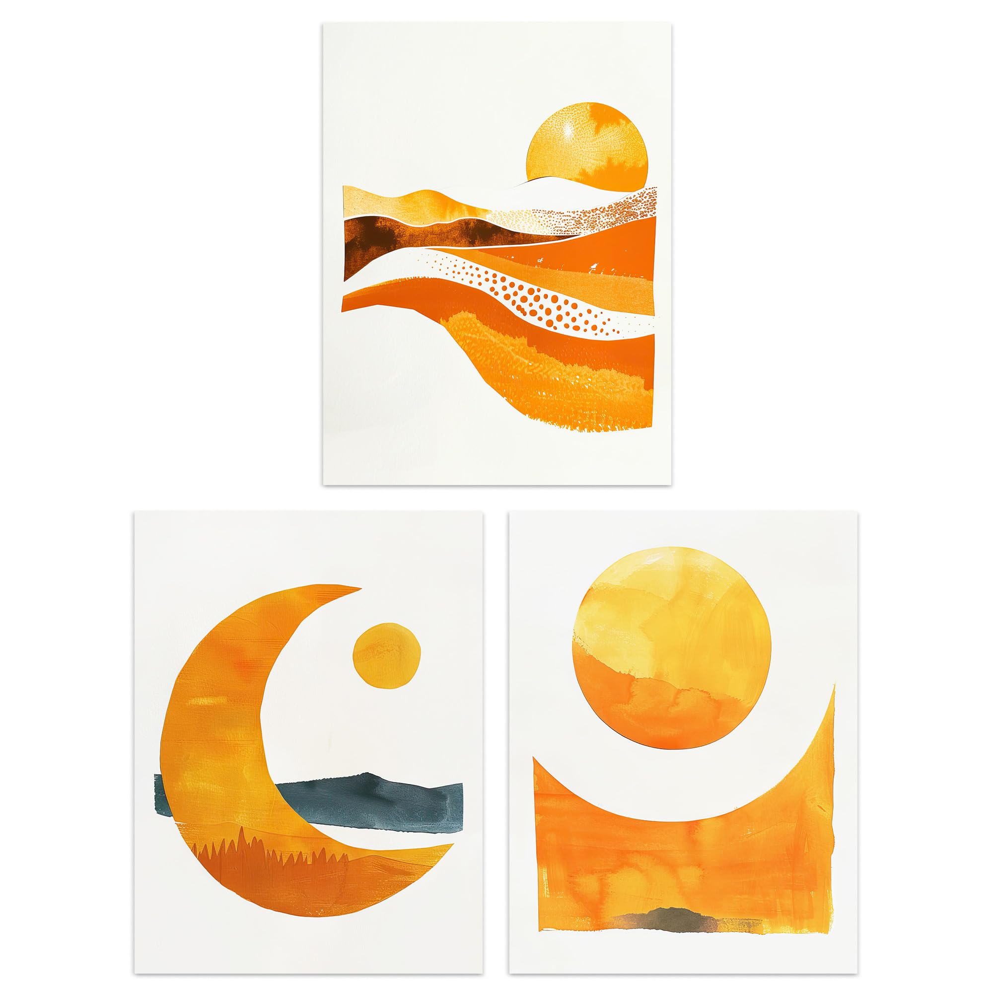Wee Blue Coo Sun & Moon Amber Gold Modern Poster Wall Art Prints - Set of 3 - W12 x H16 inch