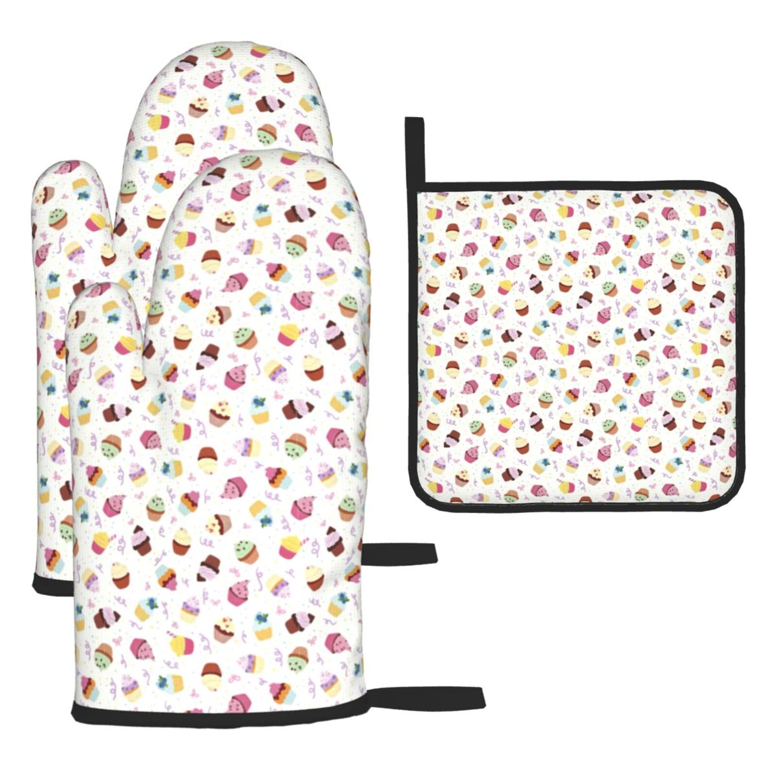 Delicious Cupcakes Print Oven Mitts Kitchen Gloves Set Everyday Baking Grilling Microwaving Cooking Gift