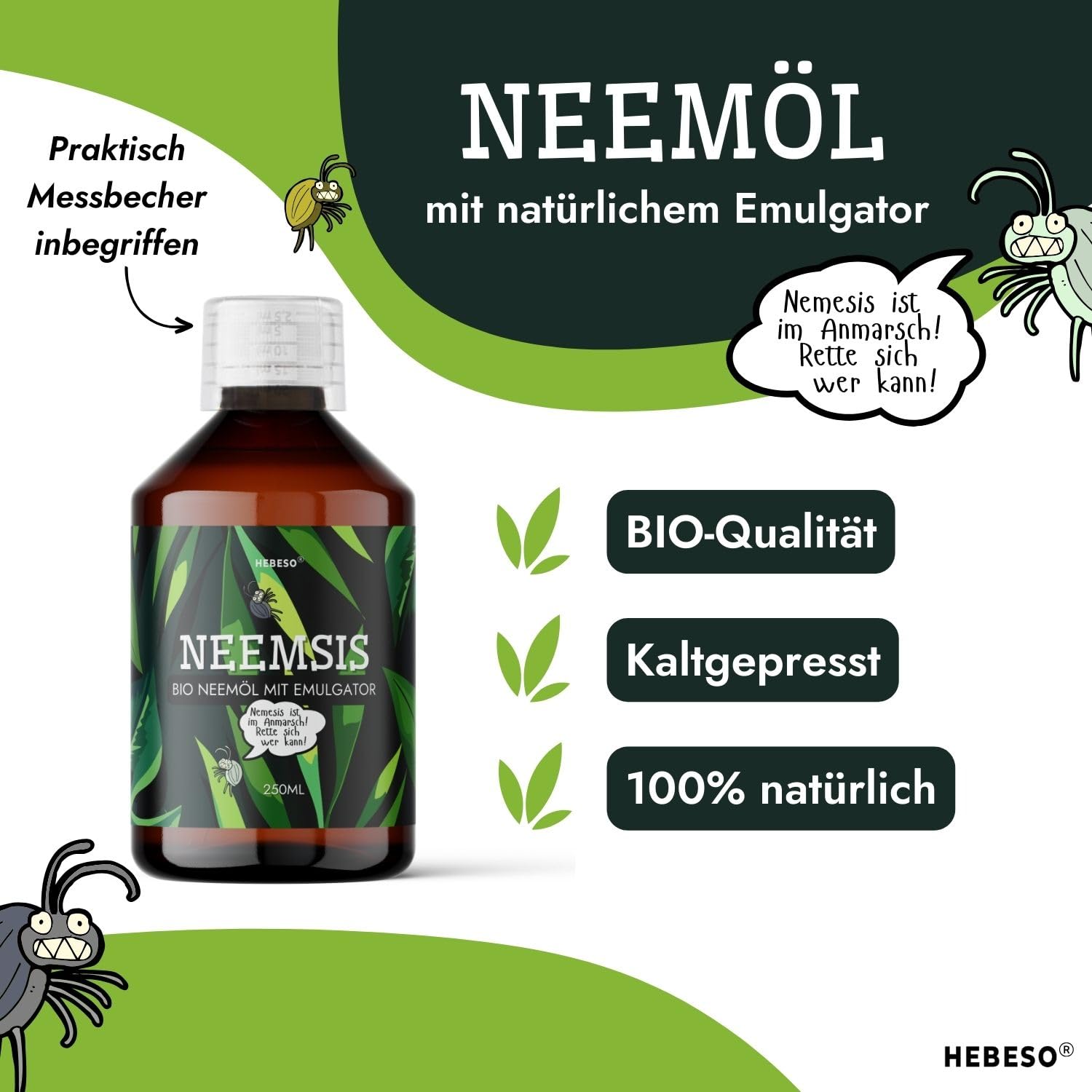HEBESO® NEEMSIS Organiches Neemöl mit natürlichem Emulgator - Gebrauchsfertig - Kaltgepresst. 100% natürlich. Sicher für die Umwelt. (2x250ml)