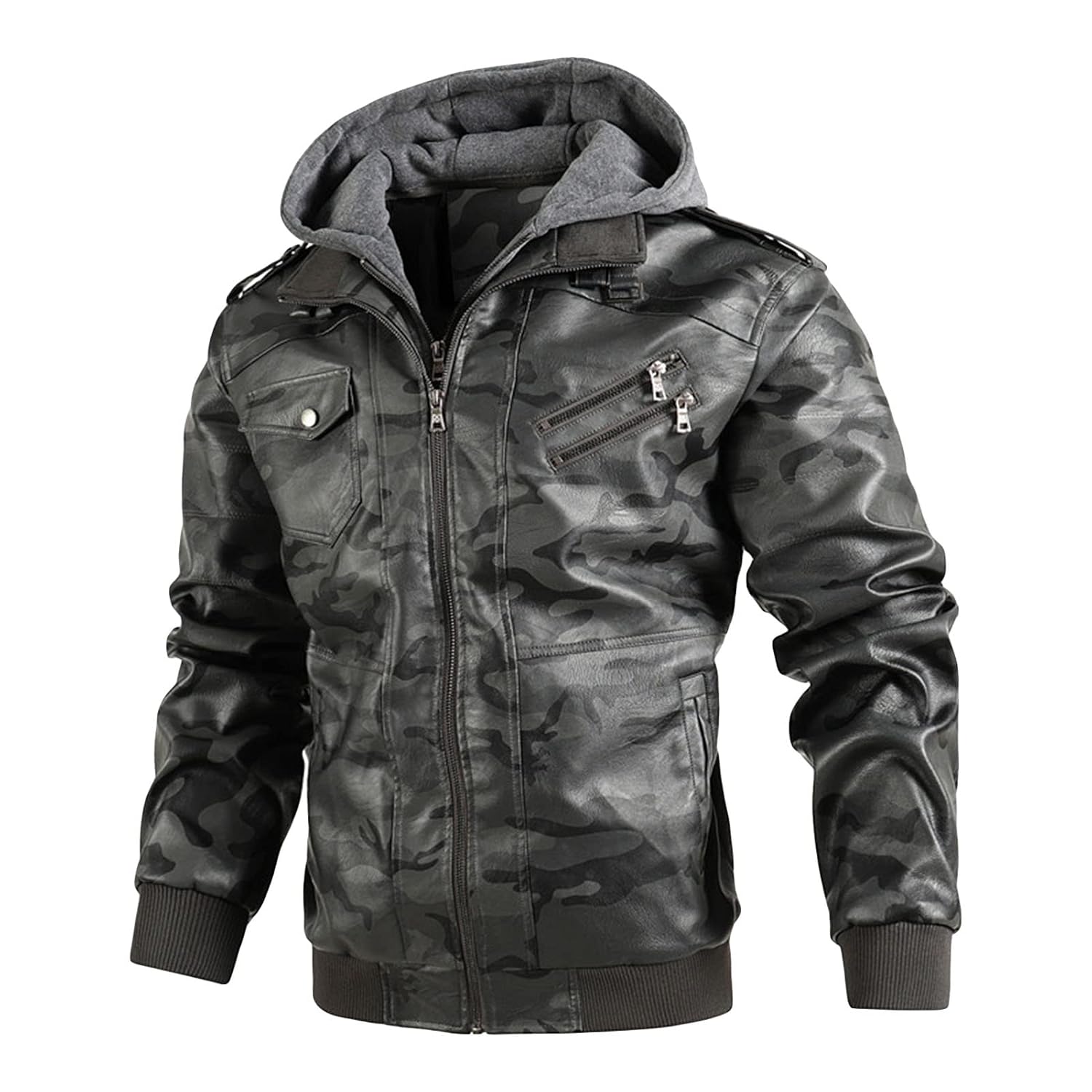 Maiyifu-GJ Camo Motorcycle Jacket for Men Faux Leather Windproof Moto Coat Vintage Bomber Hoodie with Removable Hood (Dark Blue,X-Large)
