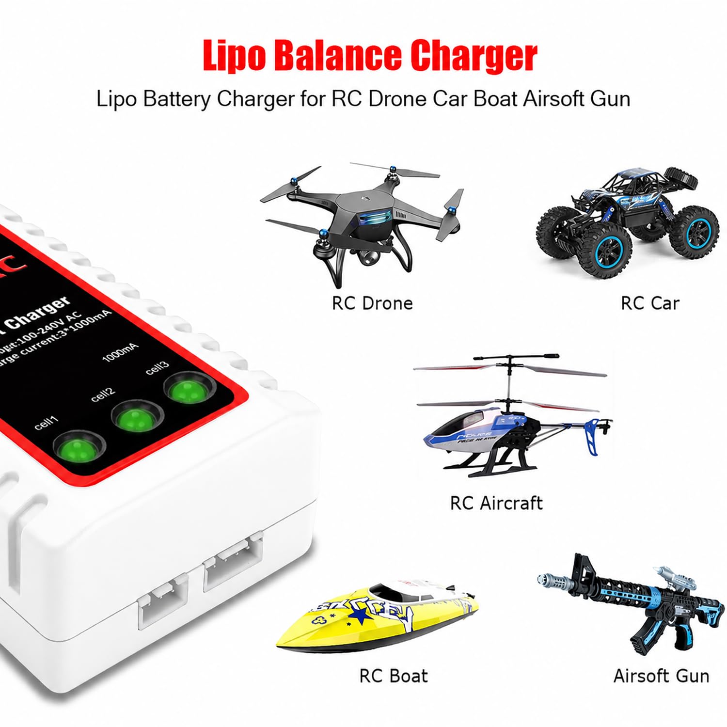 Haisito Caricabatterie Lipo B3 per Pacco Batteria 2S 3S (7,4 V, 11,1 V), Compatto Caricabatterie Rapido Bilanciamento Batteria Caricabatterie (100-240 V) per RC Quadcopter Drone Car Boat