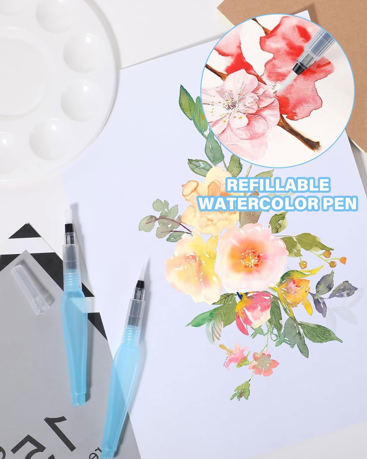 6 Aquarellpinsel, Künstlerpinsel-Set, blaue, leere Kunststoffpinsel mit nachfüllbarer Kartusche, geschärfte Spitzen, geeignet für Aquarellmalerei und -zeichnungen, drei Größen
