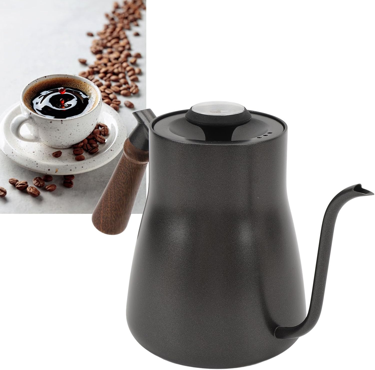 29oz Gooseneck Kettle with Thermometer Wooden Handle 304 Stainless Steel Pour Over Coffee and Tea Pot Hanging Ear Hand Blunt Long Narrow Drip Cup