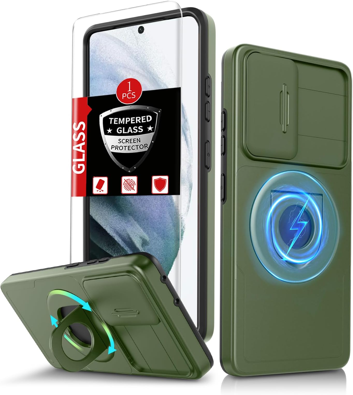 for Samsung Galaxy S21 Case Magnetic Compatible with MagSafe Wireless Charging,with Screen Protector,Built-in Kickstand Ring+Camera Cover Anti-Scratch Shockproof Heavy Duty Protection Green