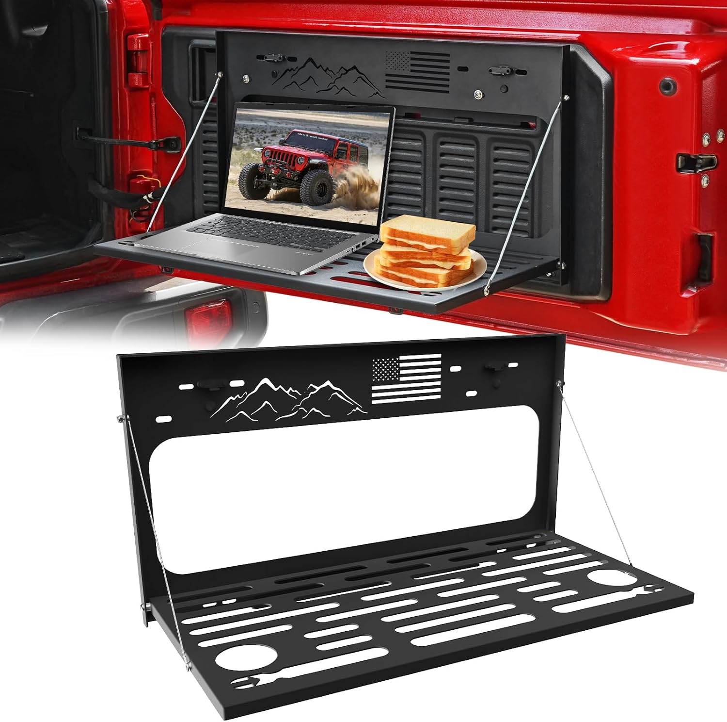 Tailgate Table Stainless Steel Black Rear Foldable Shelf Fits for Jeep Wrangler JK JKU JL JLU 2007-2025 2/4 Door, Support up to 75lb Storage Cargo Luggage Holder Carrier