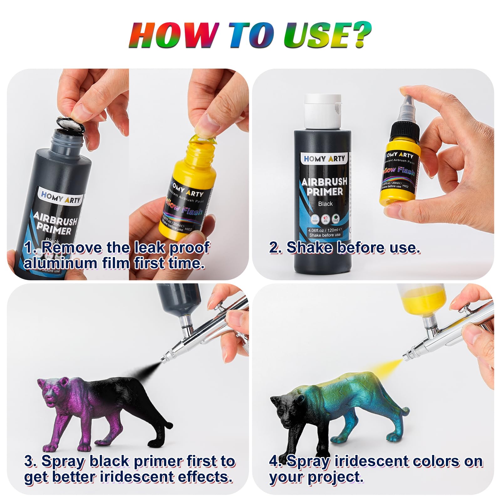 HOMY ARTY Opalizująca farba Airbrush zestaw 30 kolorów z podkładem o pojemności 120 ml | Rozcieńczalnik 120 ml, gotowy do rozpylania, farby opalizujące, farby akrylowe na bazie wody do plastiku, płótna, drewna