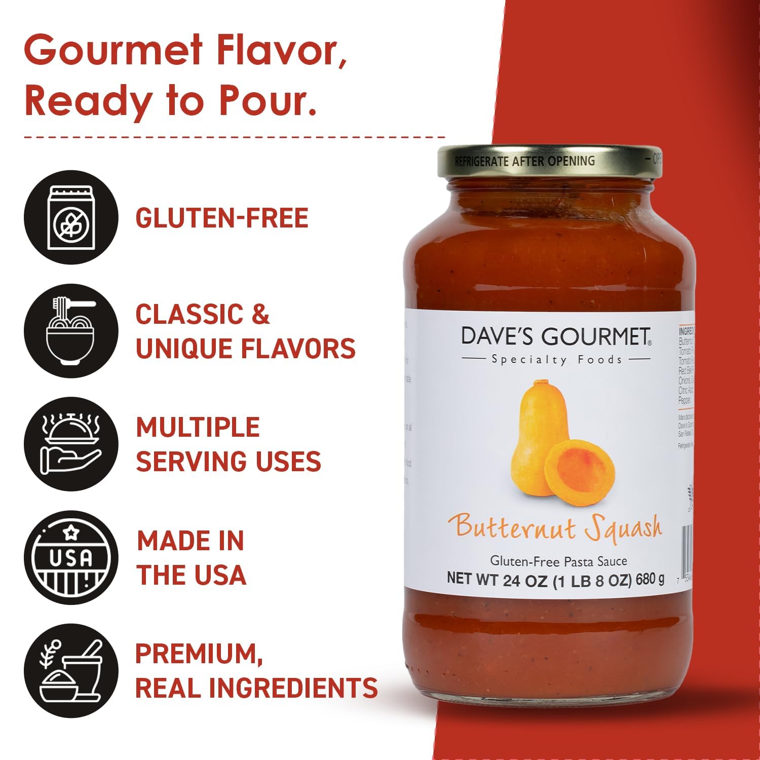 Dave's Gourmet Butternut Squash Pasta Sauce - Rich & Creamy Flavor - Butternut Squash and Roasted Red Peppers - Ideal for Pasta, Ravioli & More - Gluten Free Pasta Sauce Jar - 24oz (Pack of 6)