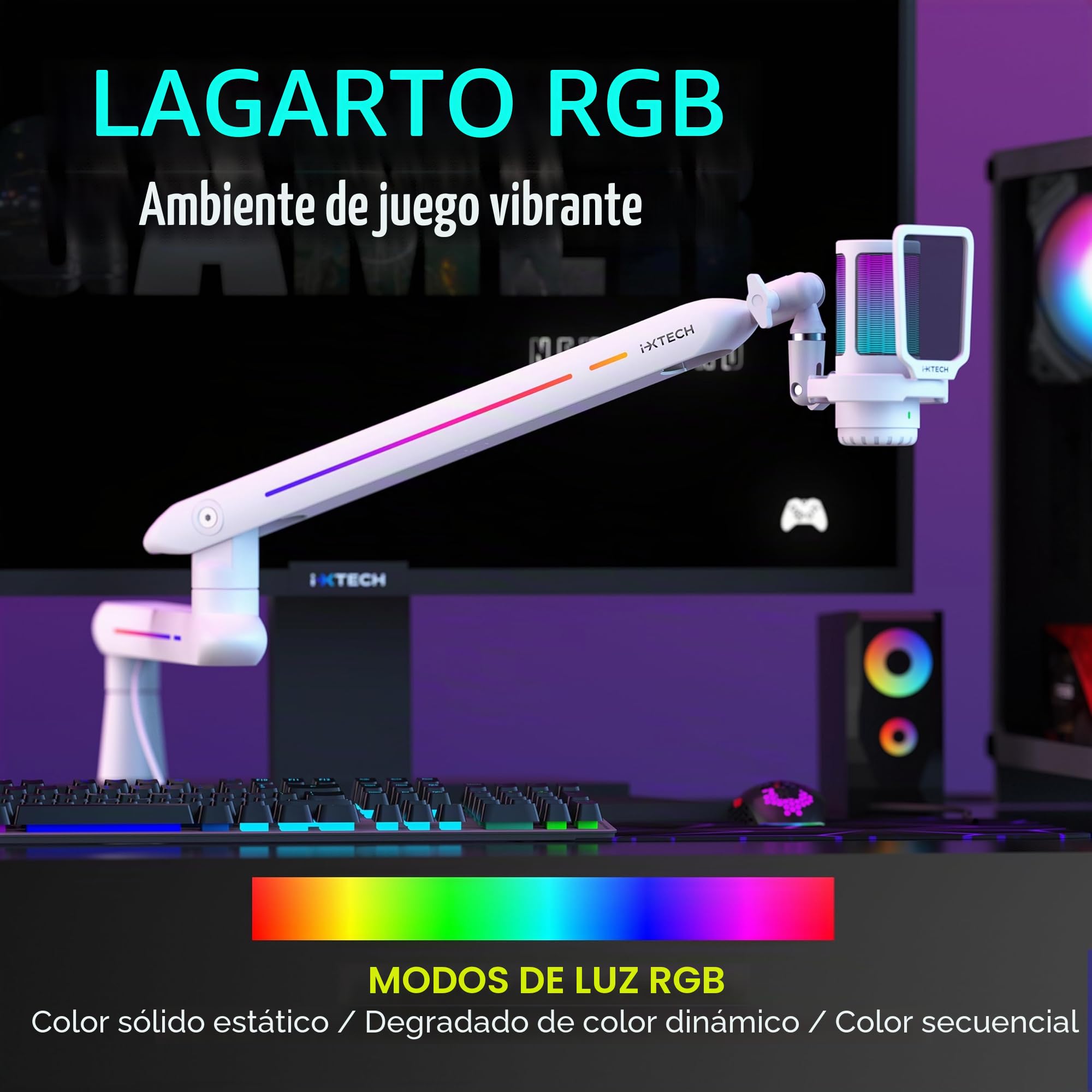 IXTECH Brazo de brazo RGB de perfil bajo para micrófono, soporte de brazo de micrófono ajustable con abrazadera de montaje en escritorio, soporte giratorio para micrófono con gestión de cables para