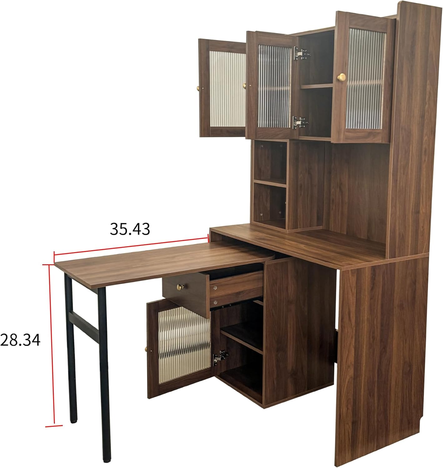 Computer Desk with Glass Door Home Office Desks,Convertible Executive Desk with Bookshelf & Hutch,Writing Secretary Table with 90 Degree Rotating Desktop,Large Working Space