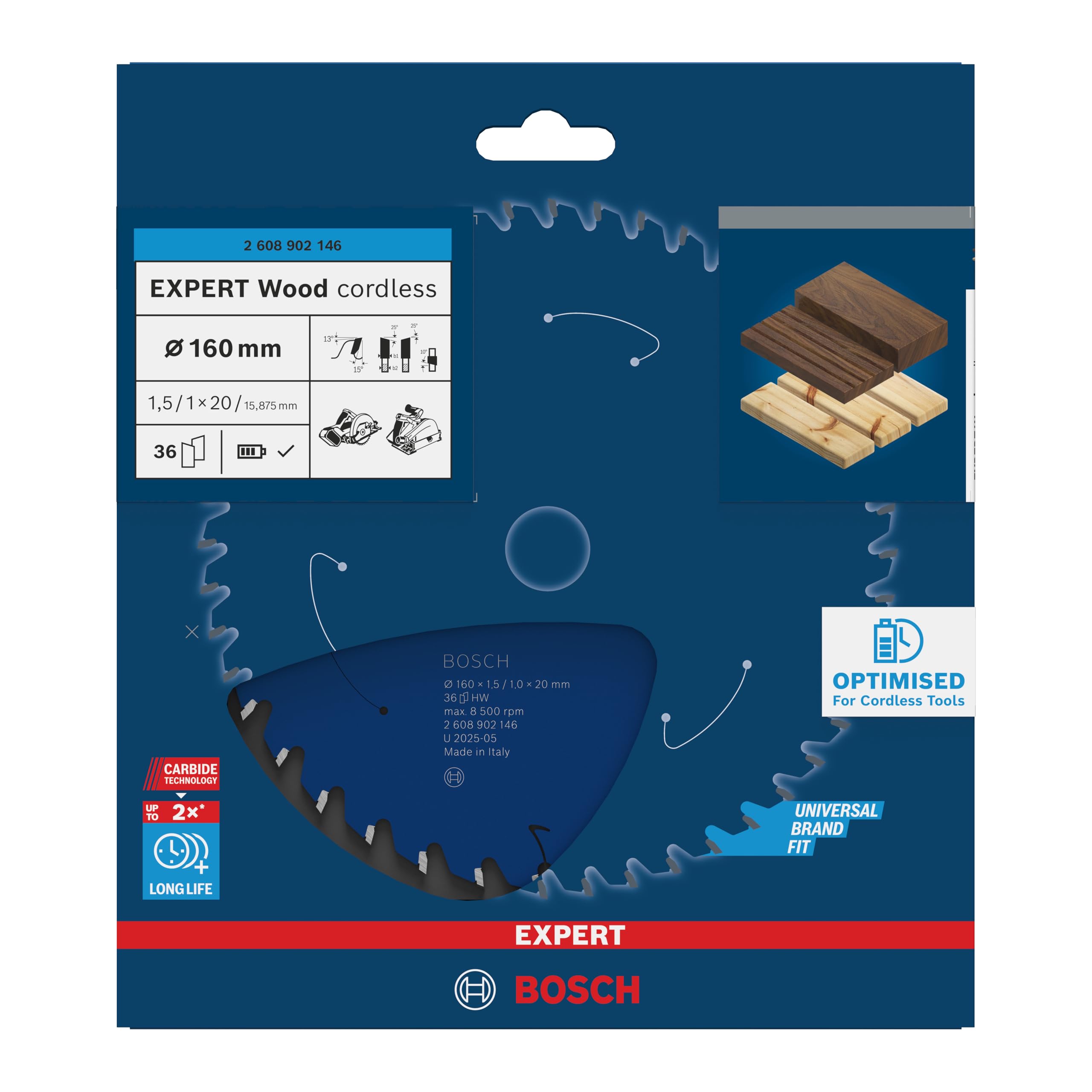 Bosch 1x Lama per sega circolare EXPERT Wood cordless per sega circolare portatile (per Legno tenero, Legno duro, Ø mm, Professional Accessorio Seghe circolari a batteria portatili)