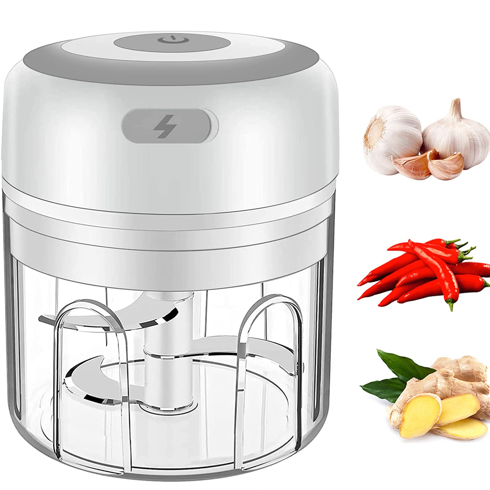 Electric Garlic Chopper,HOMGEN Smart Food Processor USB Charging Portable Vegetable Kitchen Food Processor with 3 Sharp Blades Perfect for Kitchen Baby Food Chop and Grind-250ML