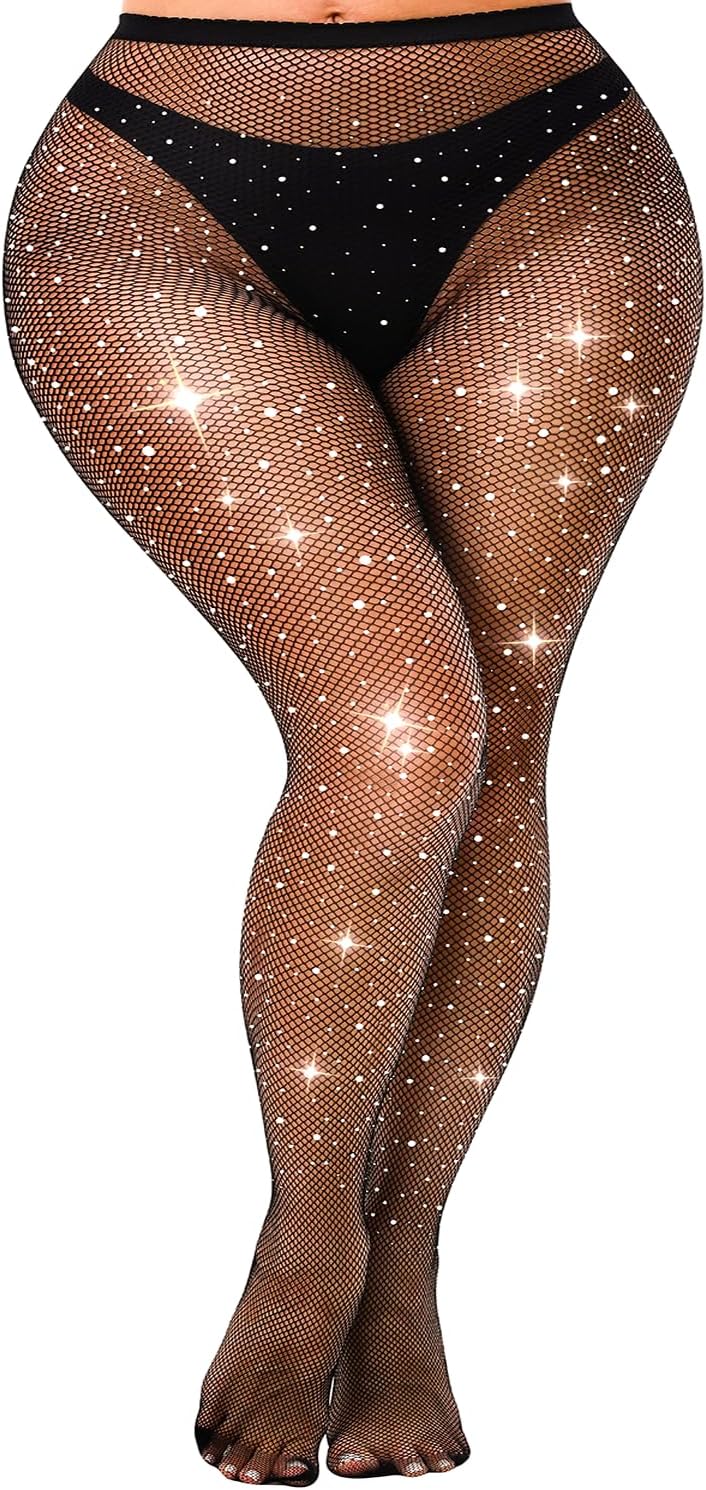 lmotpe Plus Size Fishnet Stockings For Women Sparkly Rhinestone Fishnets Party Concert Stockings