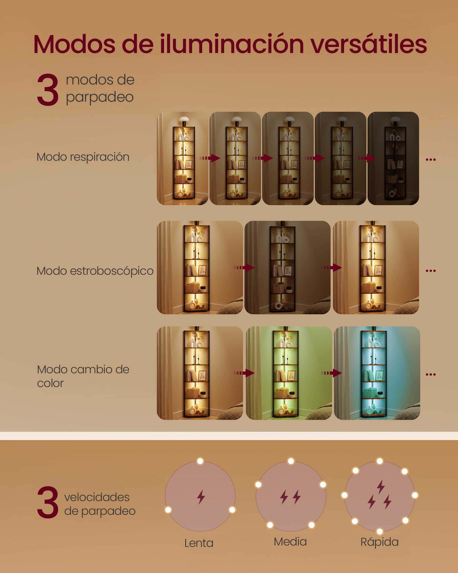 VASAGLE Estanteria Esquinera de 6 Niveles, Librería con Iluminación LED Ajustable, Estantería con Marco de Acero, 24,8 x 48 x 182,1 cm, para Salón, Dormitorio, Estudio, Marrón Rústico LBC591KD01