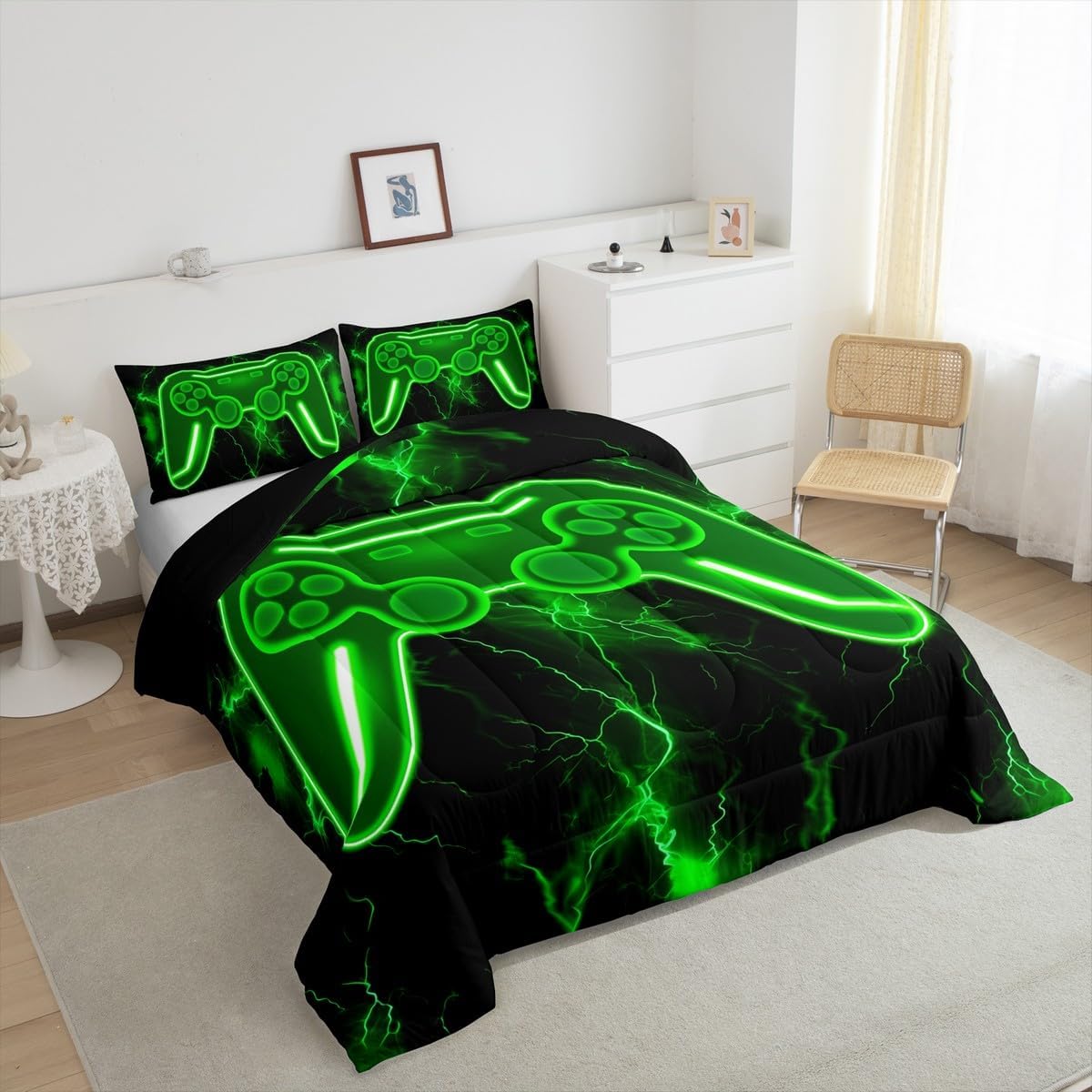 Feelyou Gamer Bedding Set Toddler Size Gaming Bedding Set for Kids Teens Adults Green Lightning Modern Game Console Controller Duvet Quilt Game Room Decor 2Pcs with 1 Pillow Case All Season Soft