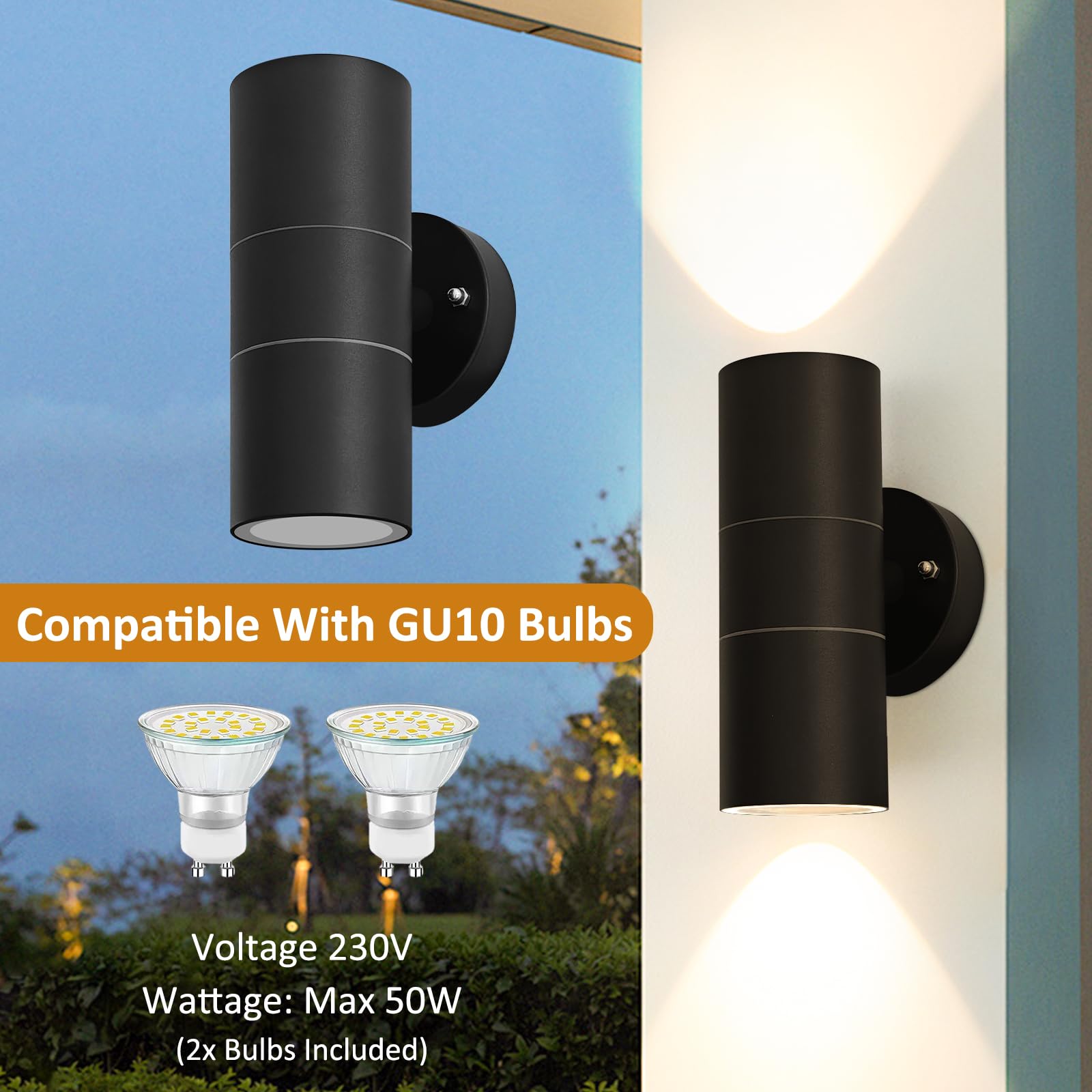 Mizlay Outdoor Wall Lights IP44,Up Down Lights 2X 5W GU10 Bulb Included,Outside Security Lights Mains Powered - Image 4