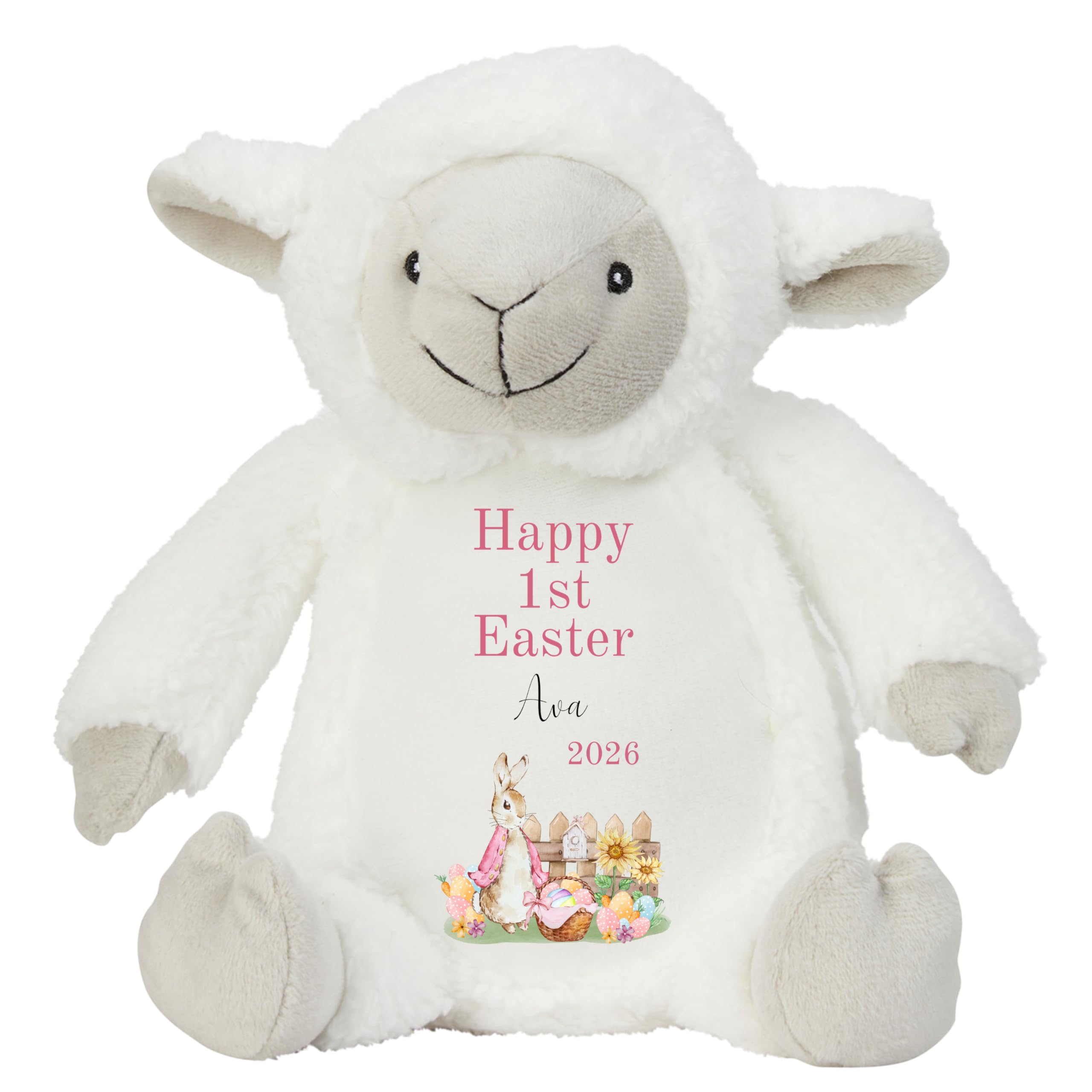 HotScamp Personalised Easter Bunny with Name - Rabbit Happy 1st Easter 2026 Pink - Soft Toy for Baby, Toddler, Child, Kids, Babies Spring Time - Pink Letter White Sheep Lamb