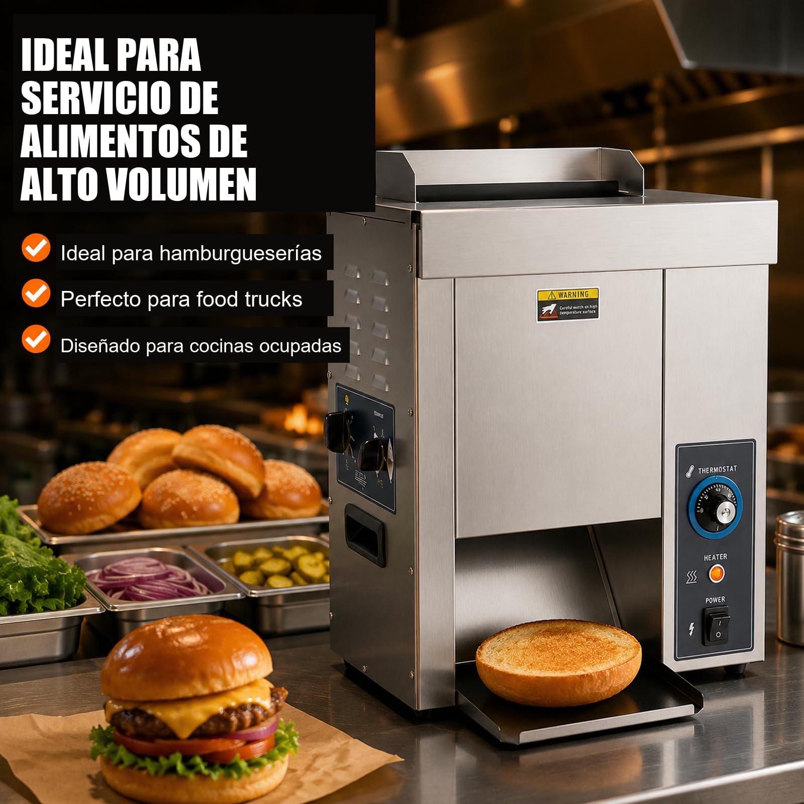 Tostador industrial vertical para pan de hamburguesa, 1400/h, 2000 W | Hasta 1.400 panes/h; 2.000 W; temperatura regulable; acero inoxidable; para hamburgueserías, restaurantes y food trucks.