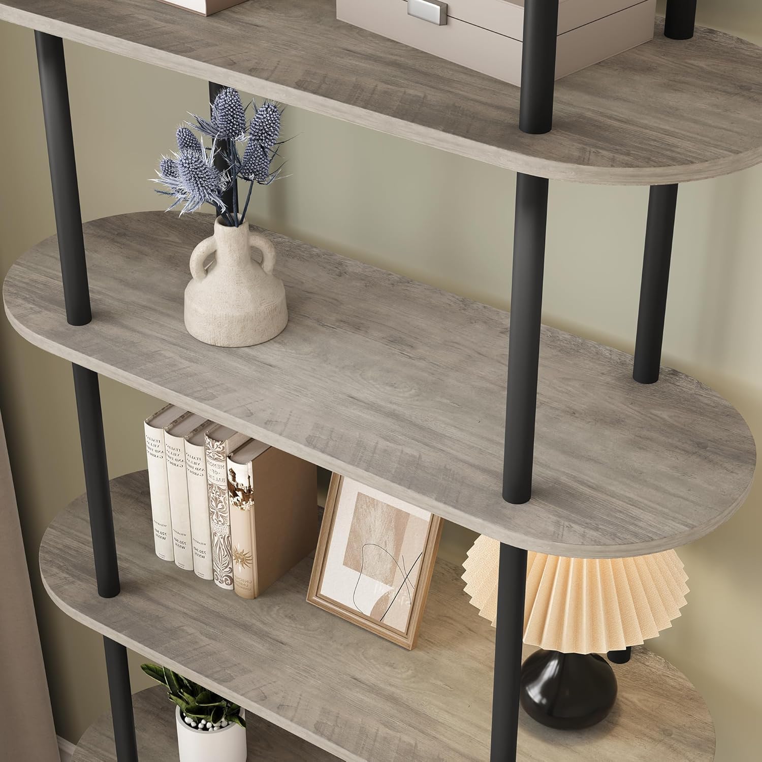 Libreria a 5 ripiani, alta ad arco, 80 x 30 x 180 cm, con struttura in metallo, moderna espositore con piedini regolabili, scaffale aperto autoportante per camera da letto, soggiorno, nero+grigio