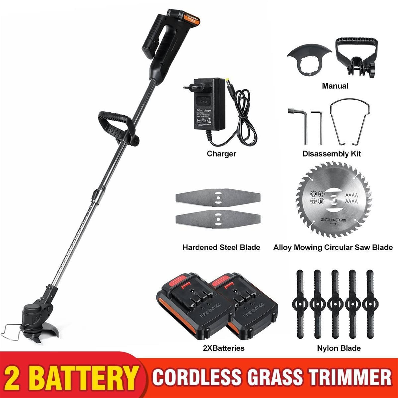 Cortacésped eléctrico inalámbrico de 24V y 1000W, Kit de cortacésped inalámbrico de 10000RPM con 2 baterías de iones de litio, mango ajustable, herramientas de jardín