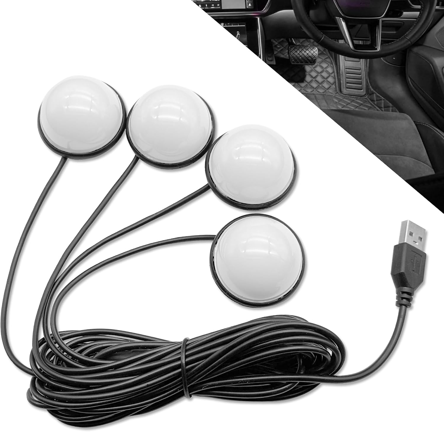 Car Interior LED Lights, Automotive Under Dash Decoration Night Lamp, 4-in-1 Car LED Lights Interior with USB Port, Universal Car Pedal Light Interior Accessories for Wonmen & Men (White)