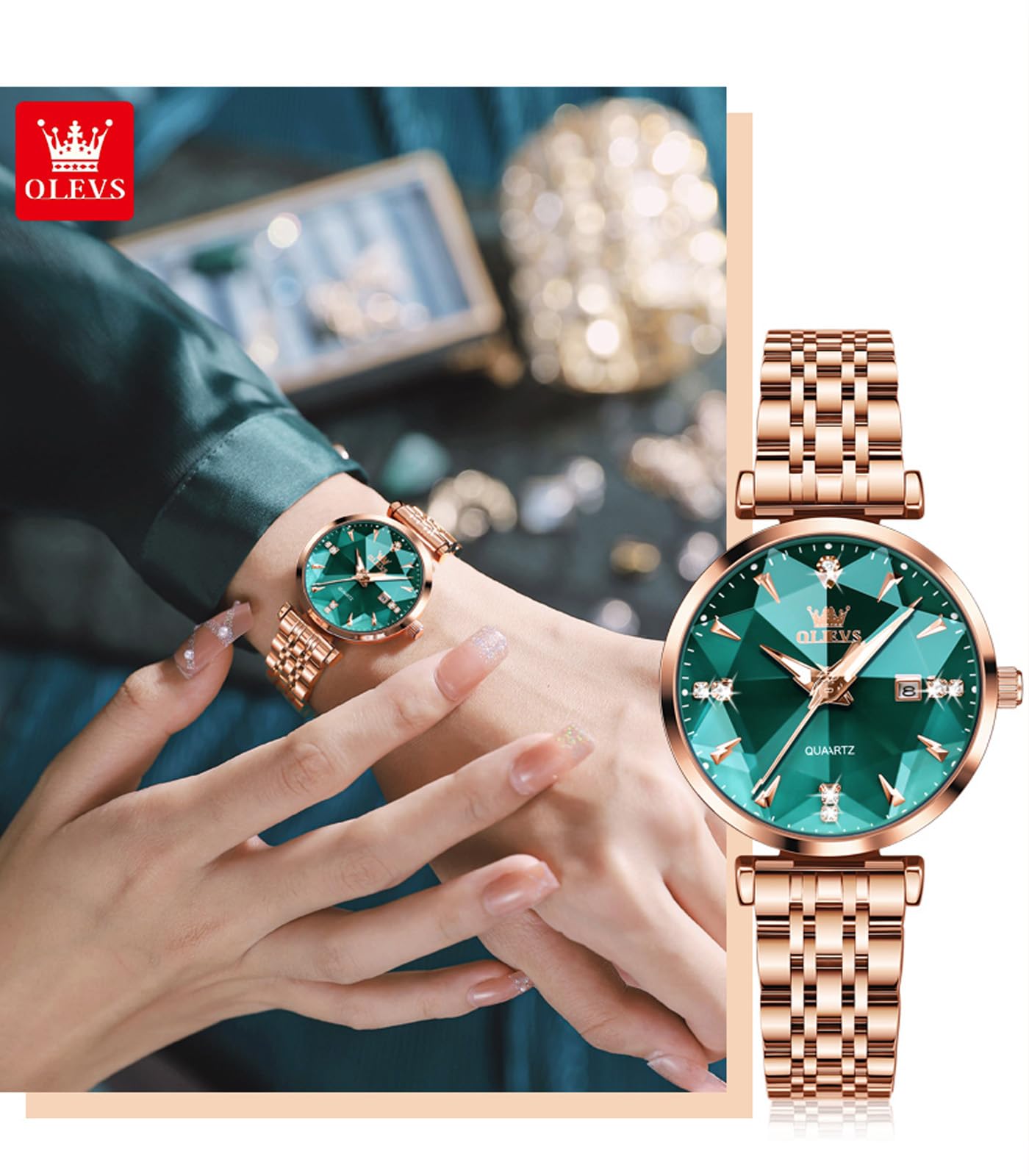 OLEVS Orologi Donna Quarzo Giapponese Oro Rosa Cristallo In Acciaio Inox Moda Donna Orologio da Polso Impermeabile Di Lusso,Elegante Calendario Simulato Orologio Al Quarzo