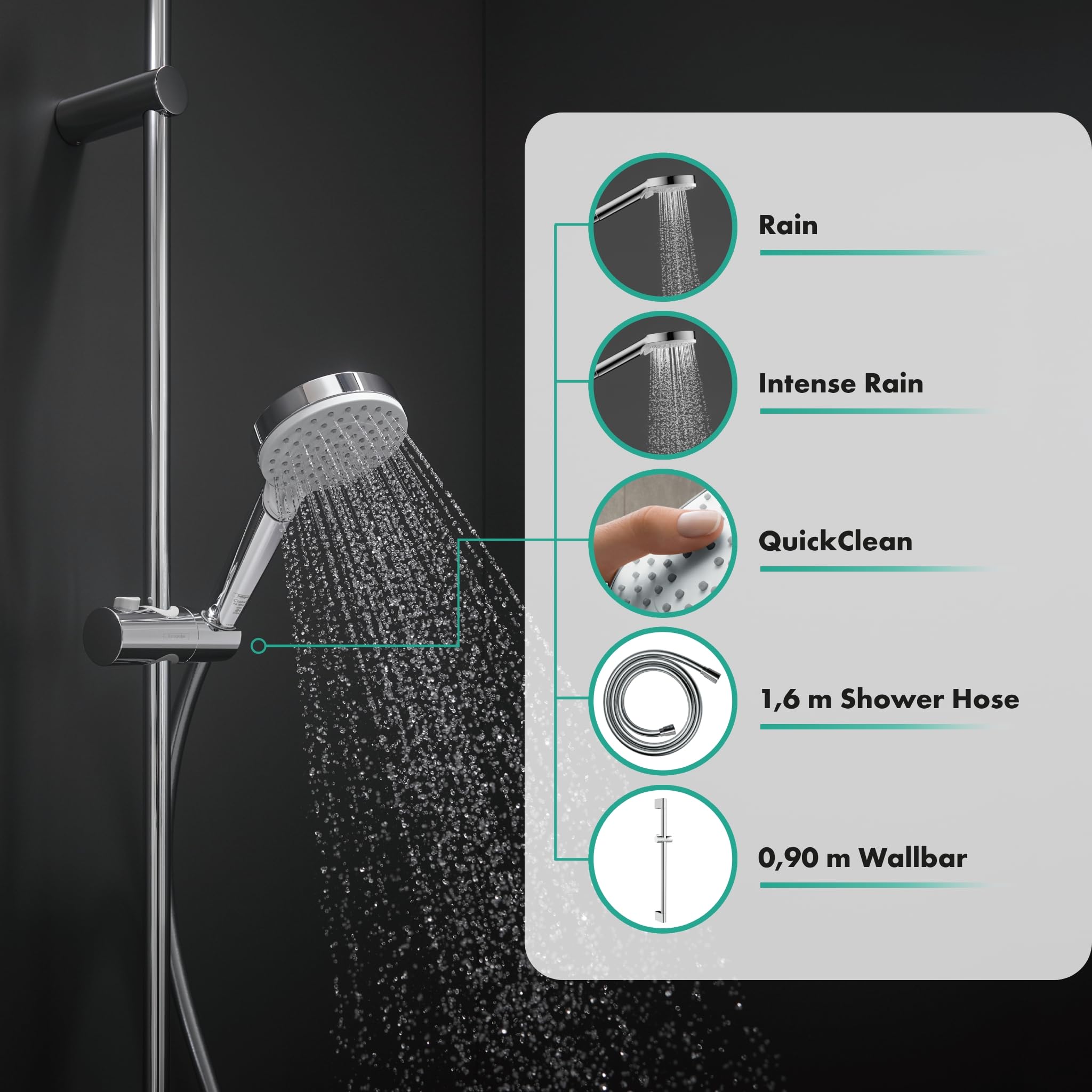 hansgrohe Crometta - Duschset, runder Duschkopf mit Brausestange 90 cm, Duschkopfhalterung und Brauseschlauch 160cm, Duschbrause mit 2 Strahlarten, Weiß/Chrom