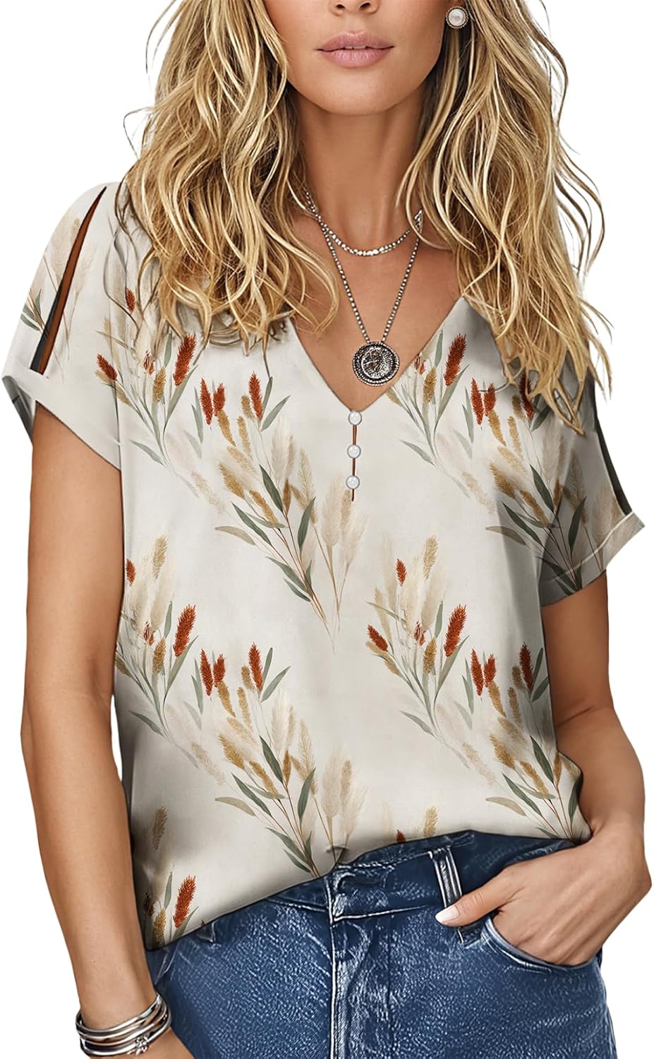 LIZALIG Womens Cold Shoulder Boho Tops 2025 Summer V Neck Floral Print Short Sleeve Button Down T Shirts
