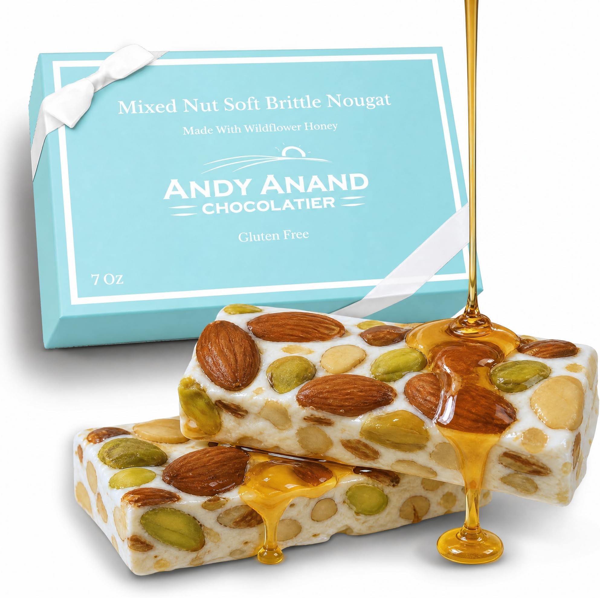 ANDY ANAND Roasted Pistachios Soft Nougat Brittle, 7 Oz | Gluten Free, Made in Europe, Luxuriously Creamy Feel Almond Nougat Candy, Made With Wildflower Honey & Roasted Nuts