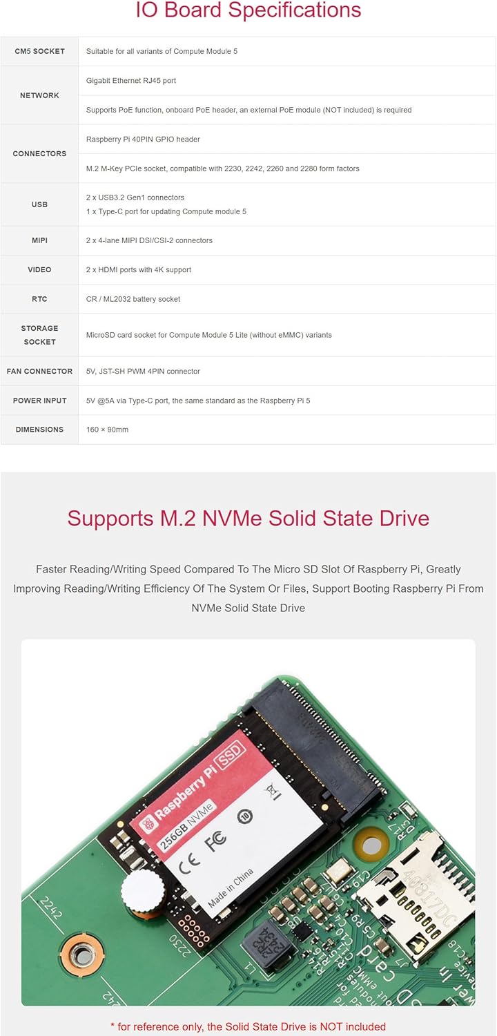 Compute Module 5 IO Board Development Platform and Reference Base-Board for Raspberry Pi CM5
