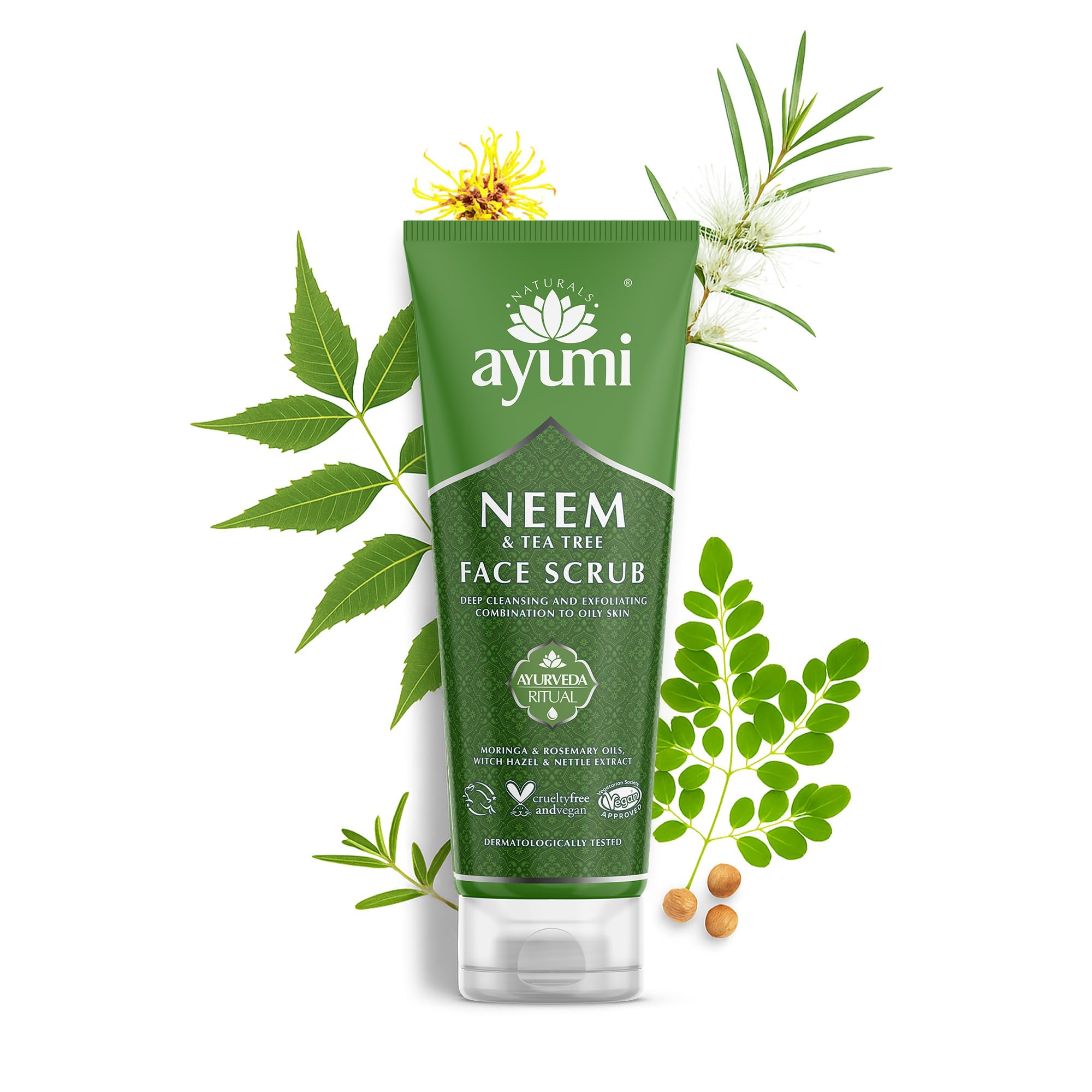 AyumiNeem Face Scrub for Acne Treatment | Oily Skin Face Scrub with Witch Hazel | Exfoliating Scrub with Tea Tree Oil | Hydrating Scrub with Moringa Oil | Women & Mens FaceScrub | 1x 125ML