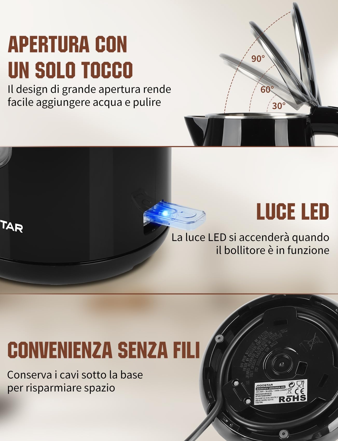 Aigostar Bollitore Elettrico Acciaio Inox Nero 1,7 Litri - Bollitura Rapida Electric Kettle 2200W, Doppio Isolamento, Senza Plastica All'interno, Senza BPA, Visualizzazione del Livello Dell'acqua