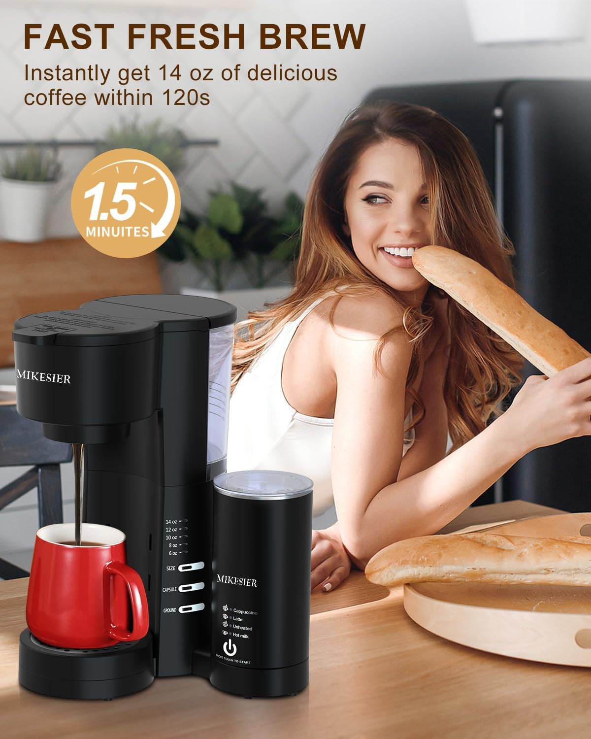 3IN1 Single Serve Coffee Maker with Milk Frother, Small Coffee Machine for K Cup & Ground, 6-14oz Brew Size, 28oz Water Tank, Adjustable Drip Tray