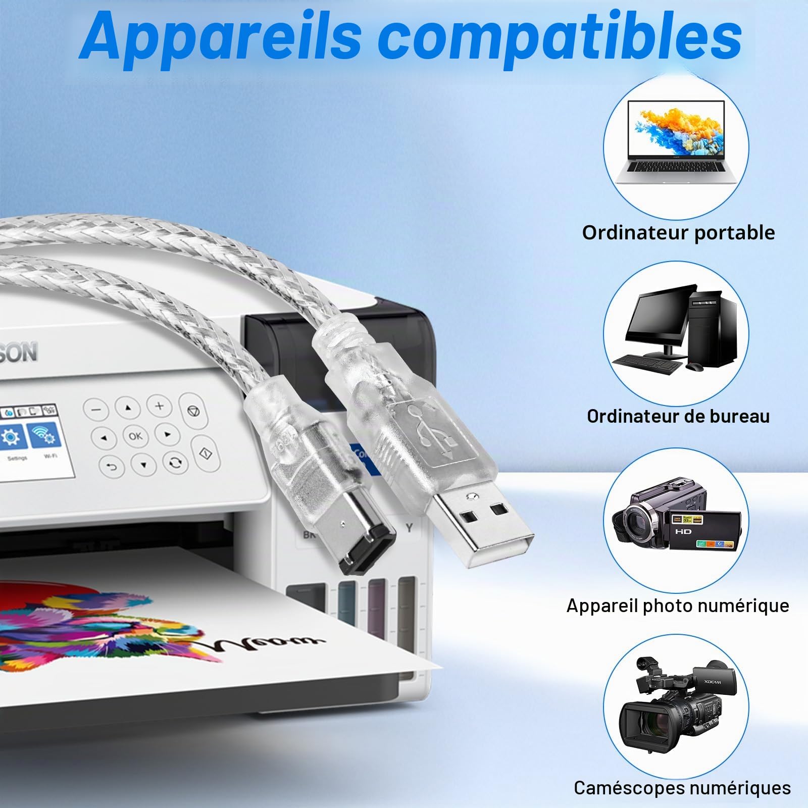 Herfair Câble USB vers mâle 6 broches, adaptateur de transfert de données, convertisseur iLink FireWire 400 DV pour ordinateur portable vers caméscope, caméra DV, 1,8 m