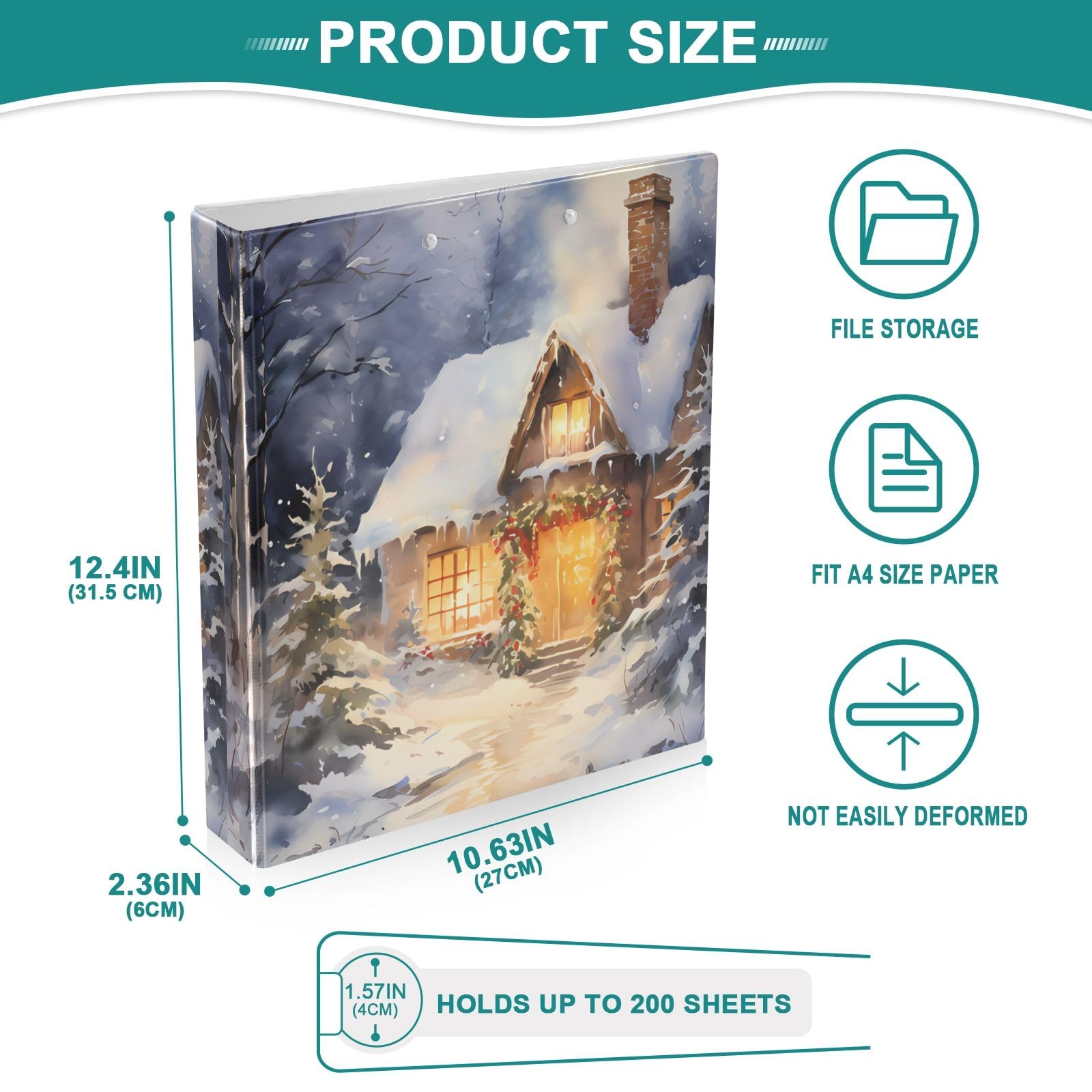 Raccoglitore a 3 anelli Winter Snow Cabin, 3,8 cm, rotondo, contiene 200 fogli con 3 tasche interne in PVC trasparente, per scuola e ufficio