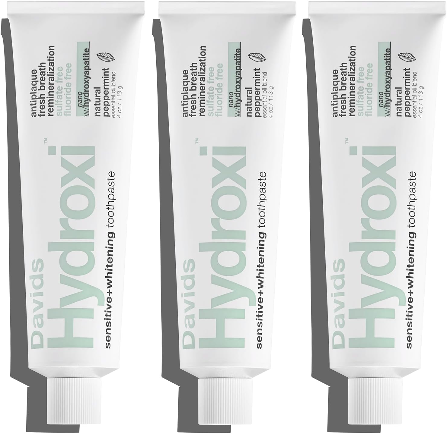 Davids Fluoride Free Nano Hydroxyapatite Toothpaste for Remineralizing Enamel & Sensitive Relief, Whitening, Antiplaque, SLS (Sulfate) Free, Natural Peppermint, 4oz, Made in USA (3 Pack)