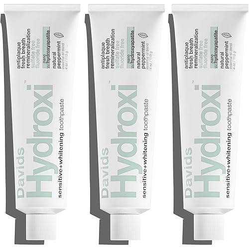 Davids Hydroxi Fluoride Free Nano Hydroxyapatite Toothpaste for Remineralizing Enamel & Sensitive Relief, Whitening, Antiplaque, SLS Free, Natural Peppermint, 4oz, Made in USA (3 Pack)