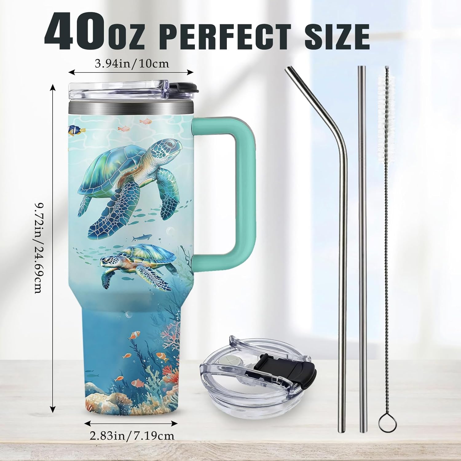 Sea Turtle Tumbler Gift for Women - 40oz Ocean Themed Stainless Steel Water Bottle with Turtle & Marine Life Designs, Insulated Travel Cup for Beach Lovers & Marine Conservation Supporters - Image 3