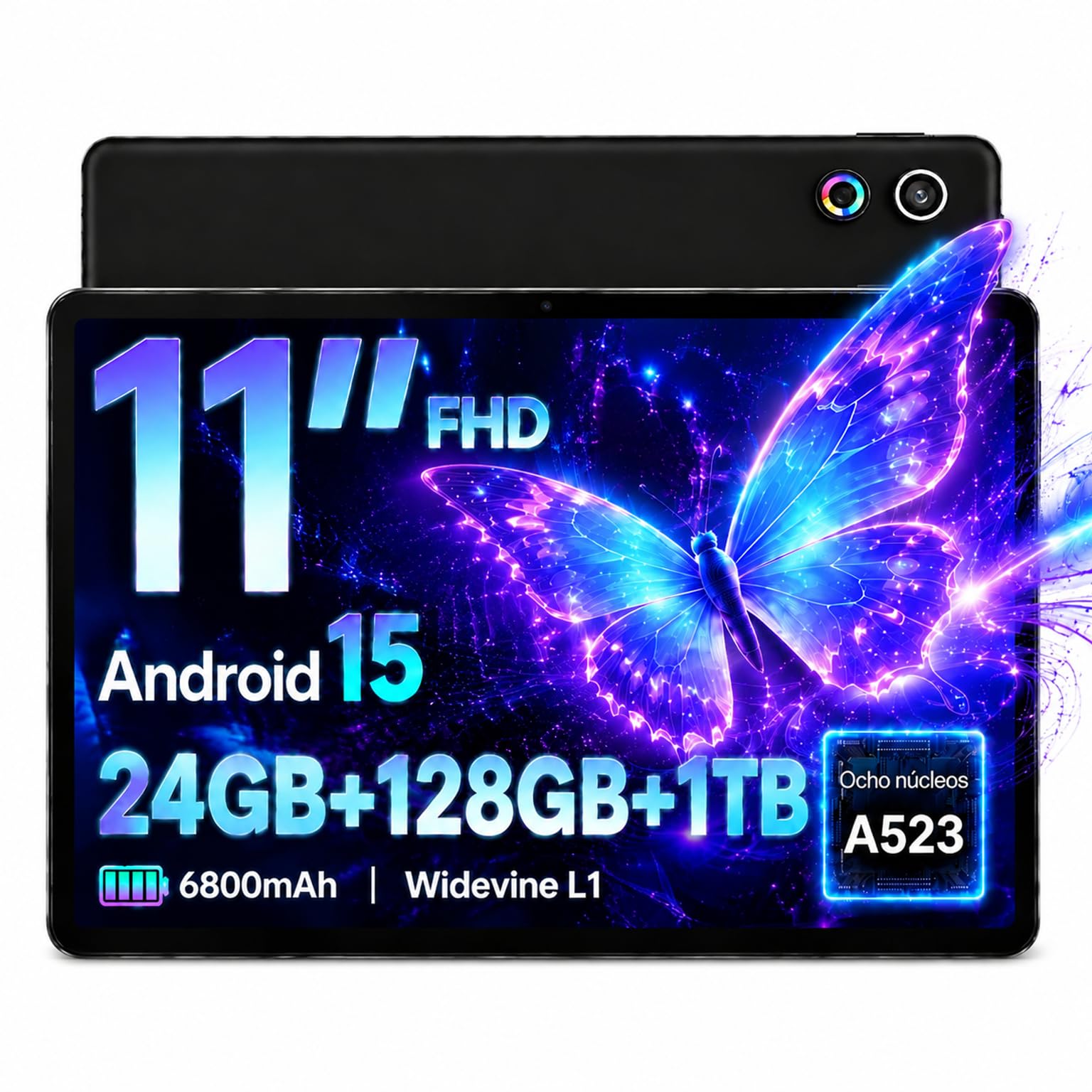 Tablet, Tablet Android de 11 Pulgadas, 24 GB RAM 128 GB ROM Ampliable hasta 1 TB, Octa-Core, Batería de Gran Capacidad de 6800 mAh, Cámara Dual, Desbloqueo Facial (Negro)