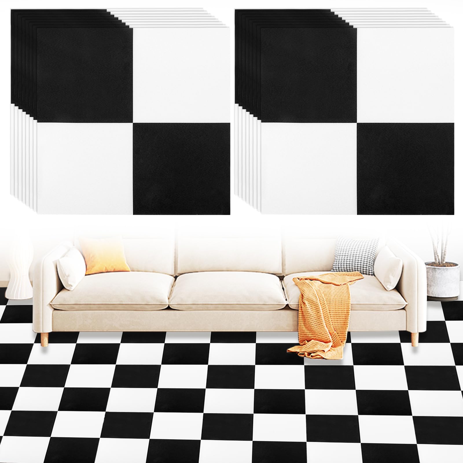 DAJAVE 20er Pack PVC Bodenbelag Selbstklebende Fliesen Vinylboden 30X30cm Schachbrett (Gesamtansicht: 6,00m x 6,00m) Vinyl-Boden für Küche, Vinyl Bodenaufkleber (Schwarz-Weiß)