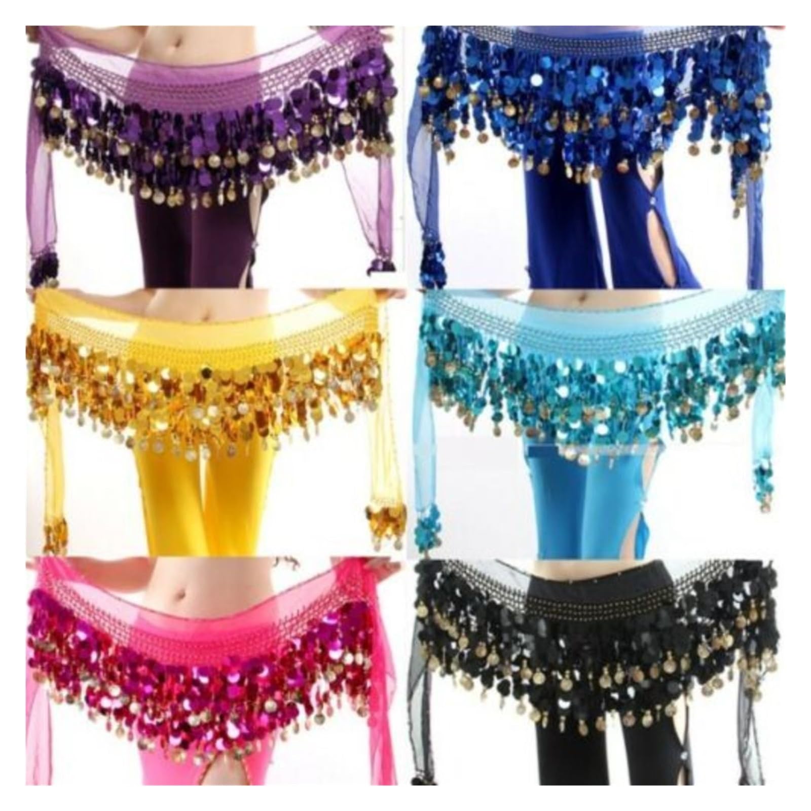 Belly Cintura da danza del ventre con paillettes e pompon per donna, gonna da ballerina, catena in vita, sciarpa per anca