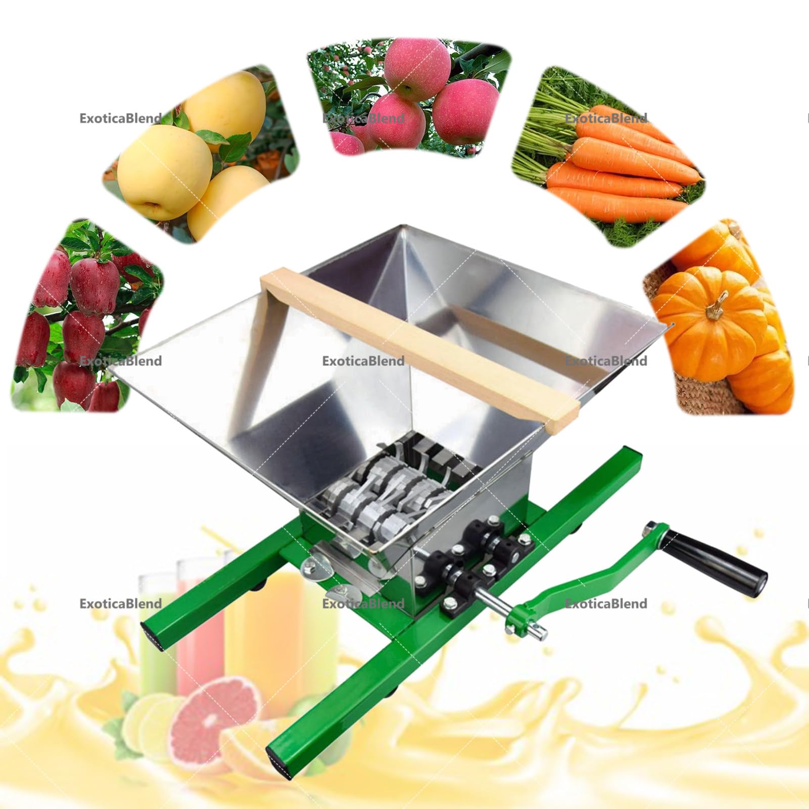 Trituradora de Manzanas y Frutas con Manivela de 7 L, Exprimidor Manual de Acero Inoxidable para Sidra de Temporada y Zumo Fresco Green
