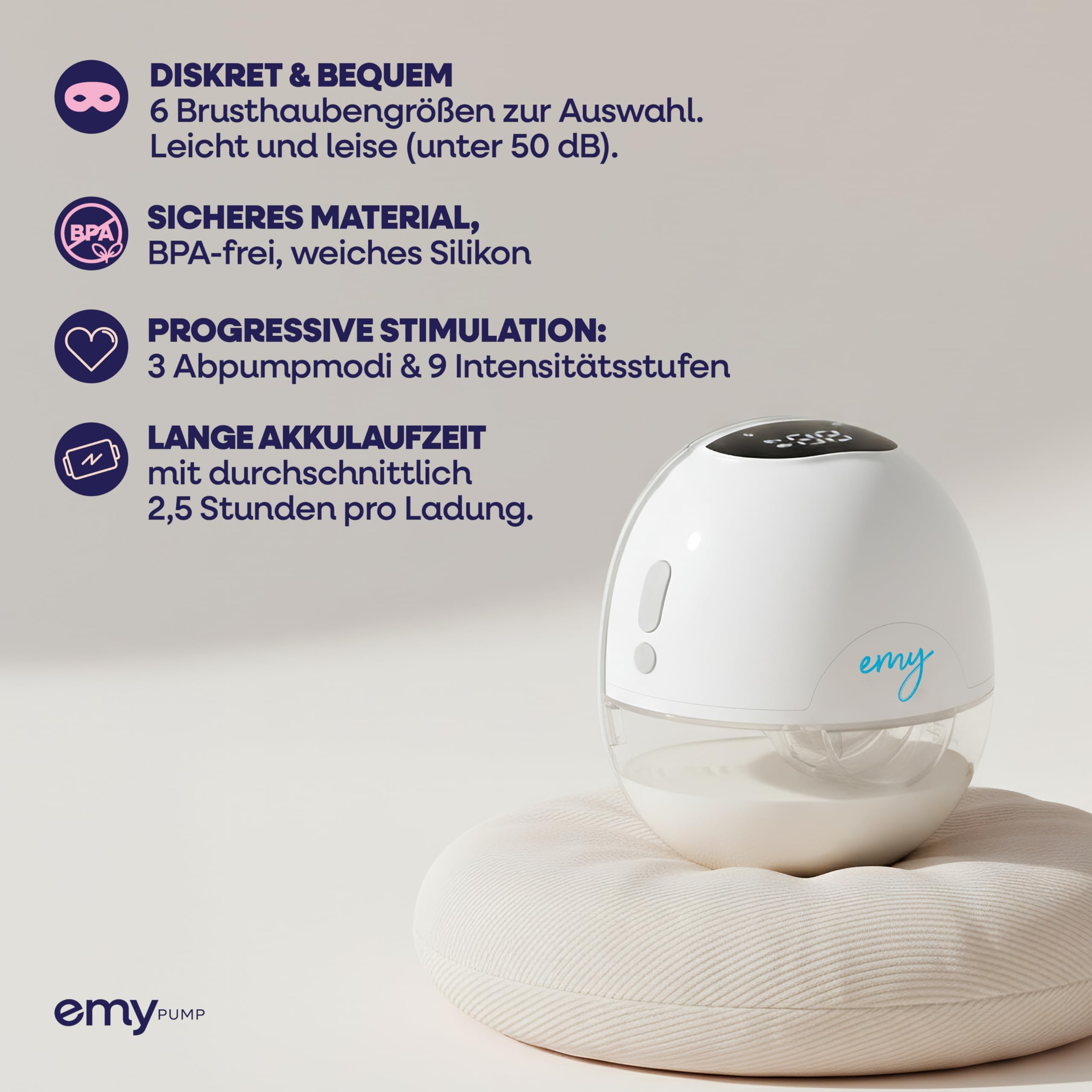Emy Pump Freihändige tragbare Milchpumpe | Inklusive 6 Brusthaubengrößen | Emy Pump Freihändige tragbare Milchpumpe | Leise elektrische Milchpumpe | Inklusive 6 Brusthaubengrößen | Lange Akkulaufzeit