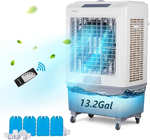 ROVSUN Enfriador de aire portátil 4100CFM, enfriador evaporativo de pantano de 13.2 galones50 L, ventilador de enfriamiento 3 en 1 con control