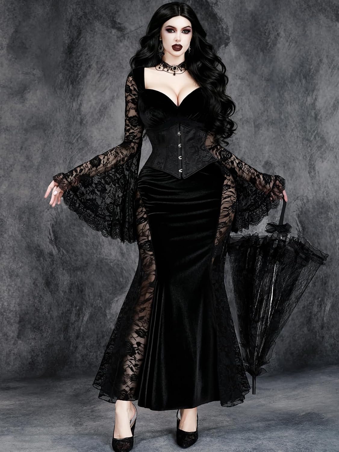 GothDark Women's Sexy Gothic Lace Velvet Bell Sleeve Mermaid Bodycon Dress