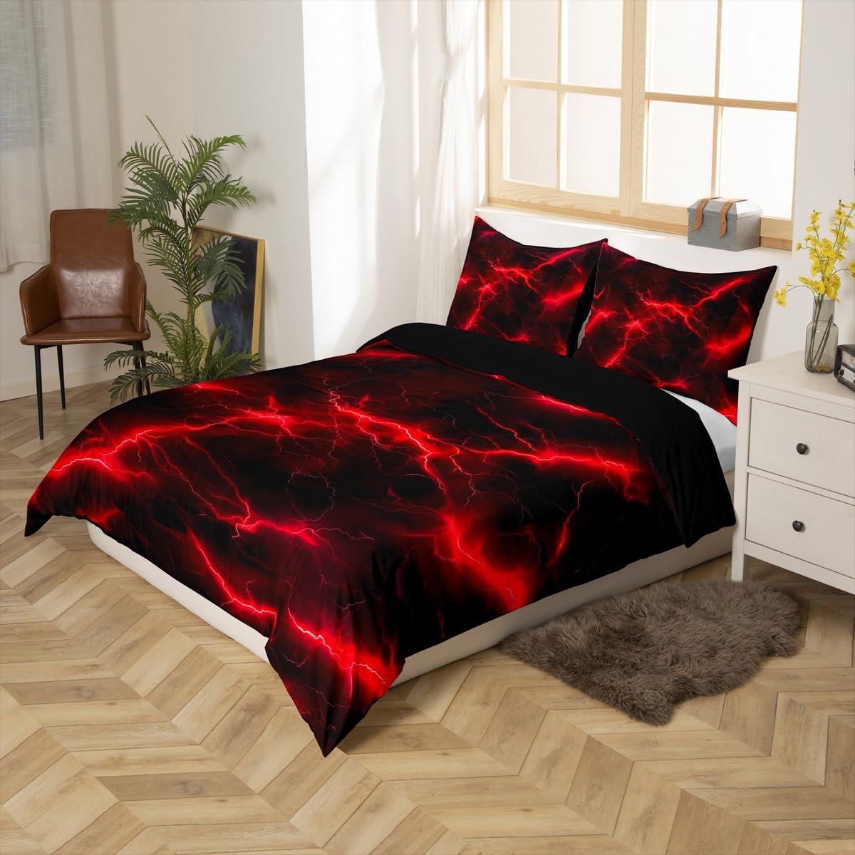 Manfei Cool Lightning Duvet Cover King Size,Modern Style Abstract Geometric 3 Pcs Quilt Cover,Teens Kids 3D Soft Bedding (Not Comforter),Extreme Weather Gradient Line Comforter Cover