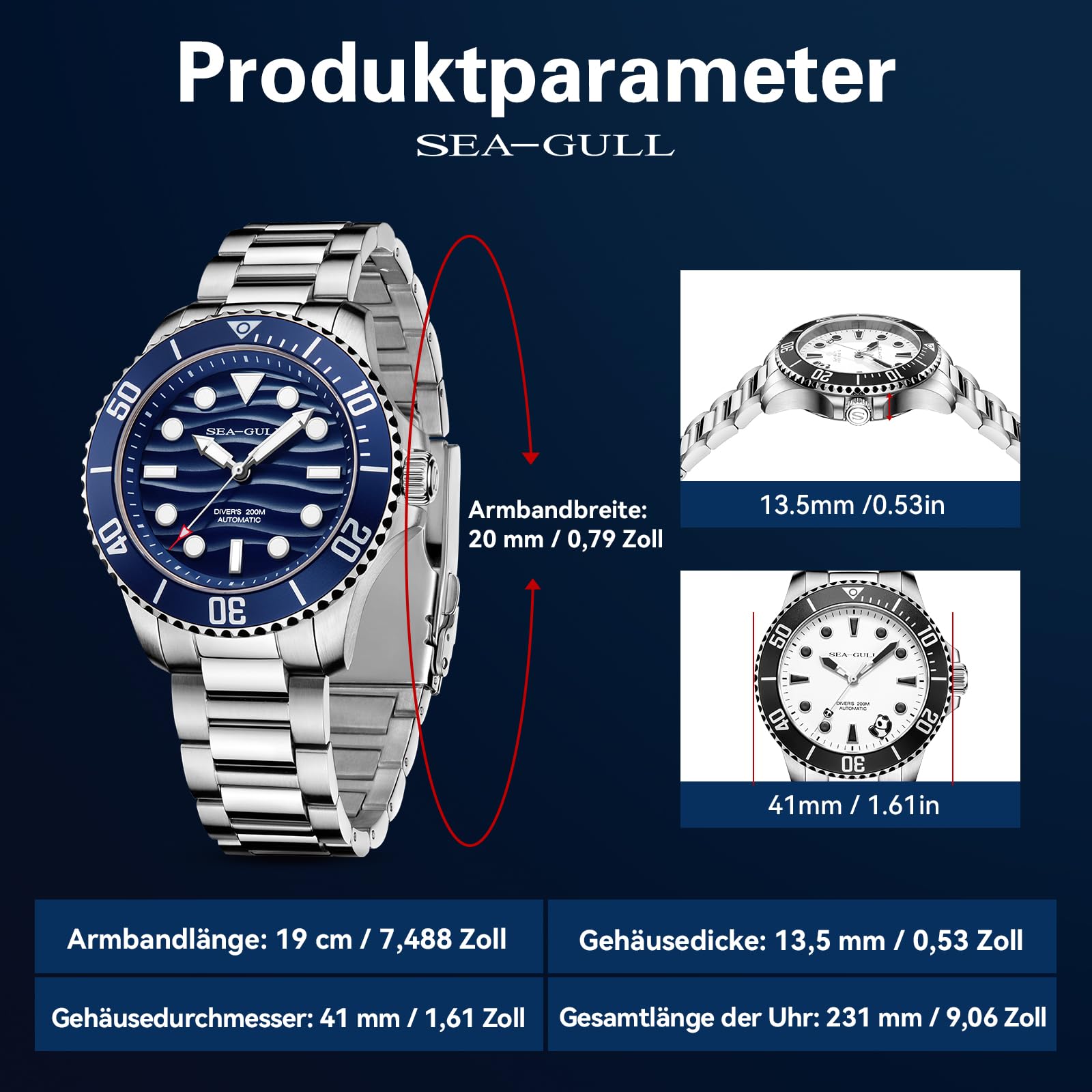 Seagull Automatische Taucheruhr für Herren, 200 m wasserdicht, mechanische Uhr, Saphirglas, 316L Edelstahl-Armband, Oktopus-Gravur, Gehäuseboden 6203