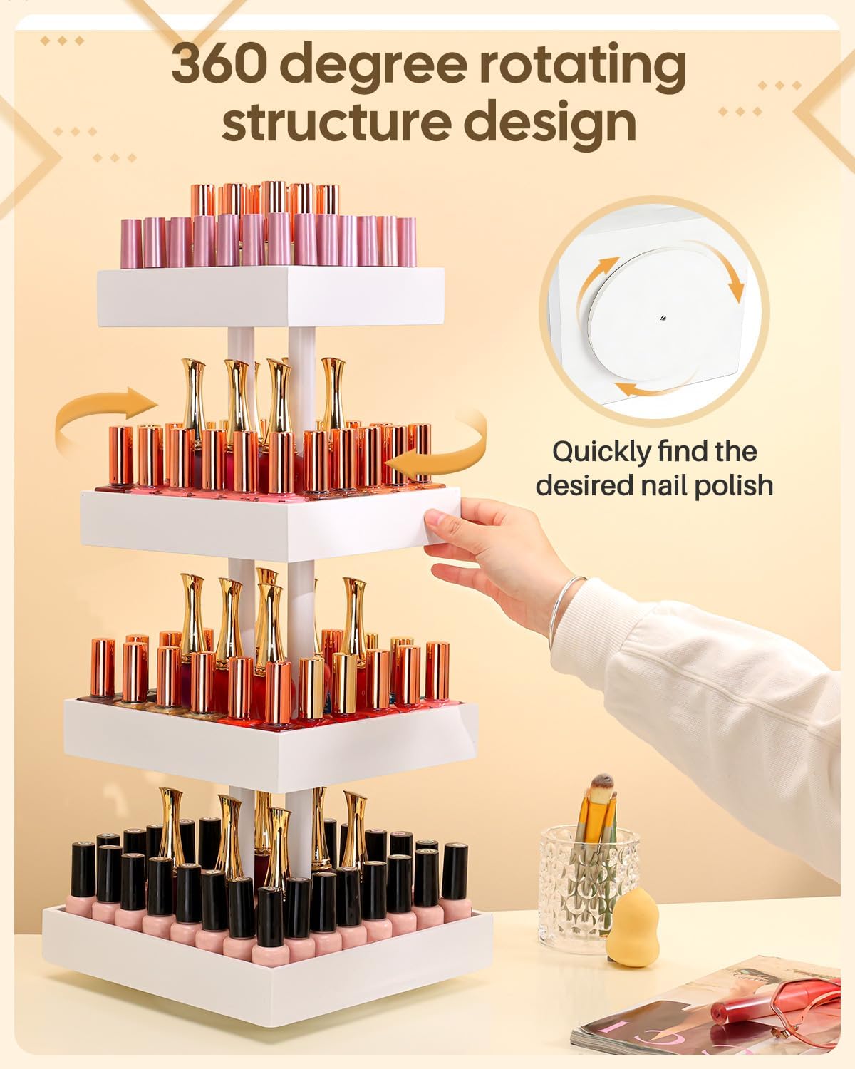 Homde Nail Polish Display Stand and Storage: 360 Degree Rotating Bamboo Rack Organizer, 4 Tier Makeup Holder for Fast Access on Countertop or Vanity for Girls & Women,White